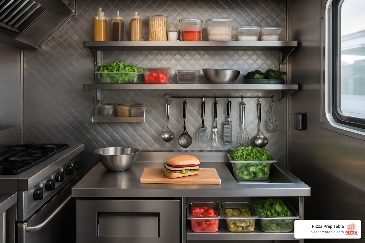 vertical food prep station in food truck - what equipment does a food truck need