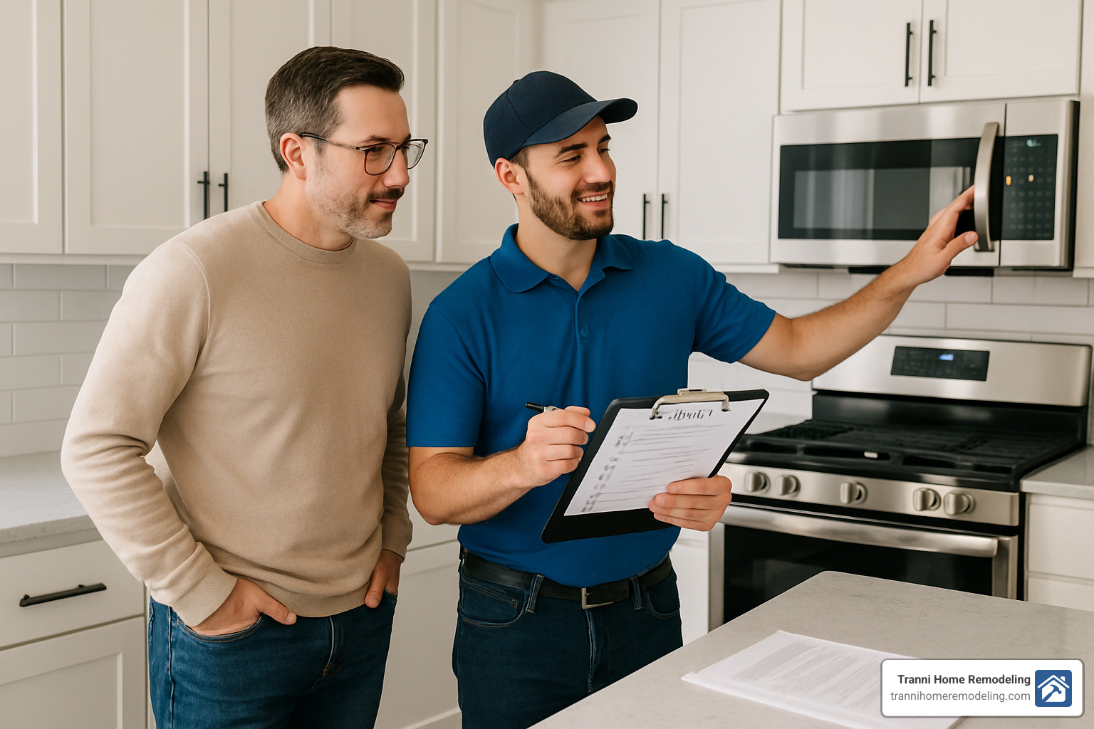 homeowner and contractor during final kitchen remodel walkthrough - how to hire a contractor for kitchen remodel