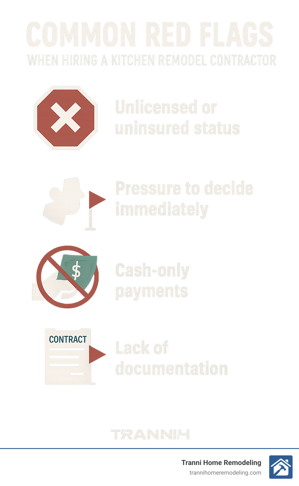 Common red flags when hiring a kitchen remodel contractor - how to hire a contractor for kitchen remodel infographic 