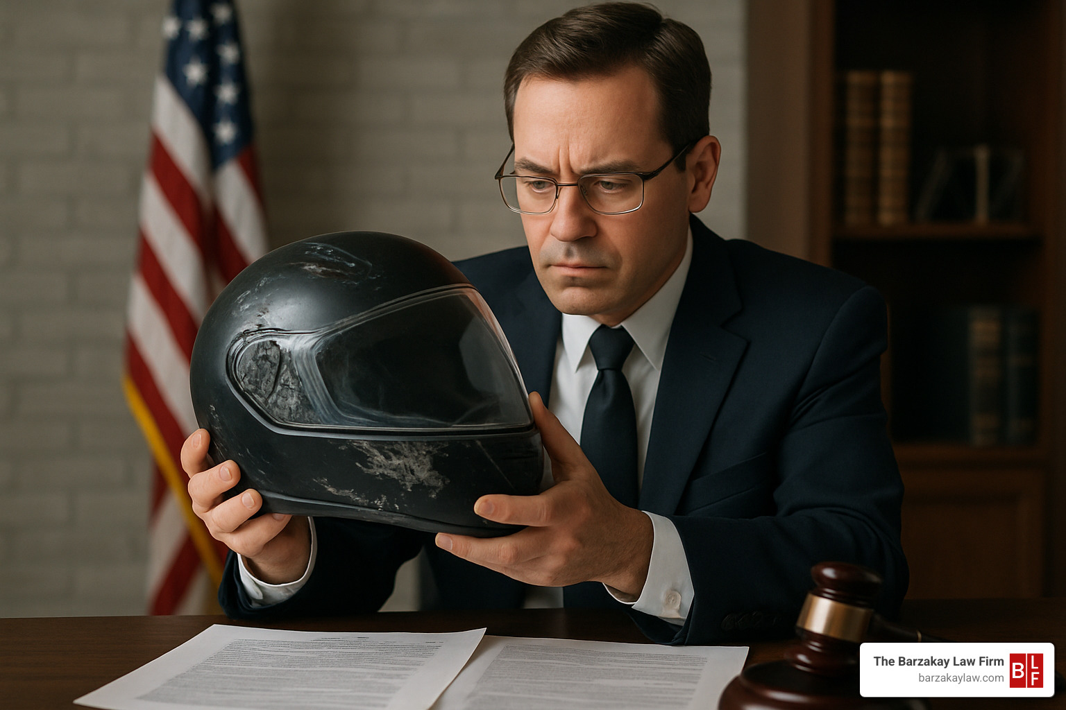 Attorney examining damaged motorcycle helmet for evidence - motorcycle accident attorney florida