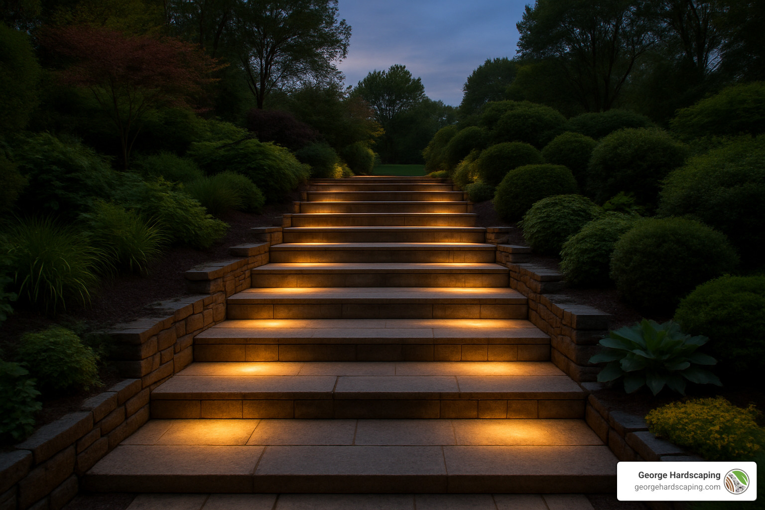 LED-lit stone staircase at dusk - stone steps design