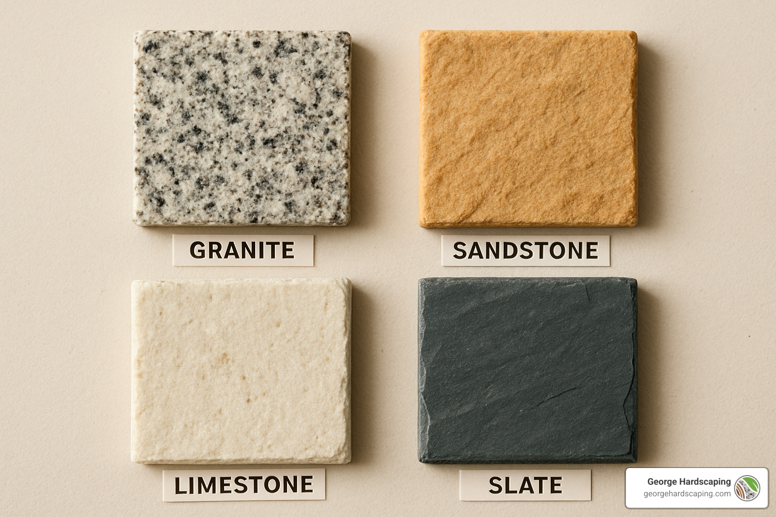 stone material samples showing granite, sandstone, limestone and slate - stone steps design
