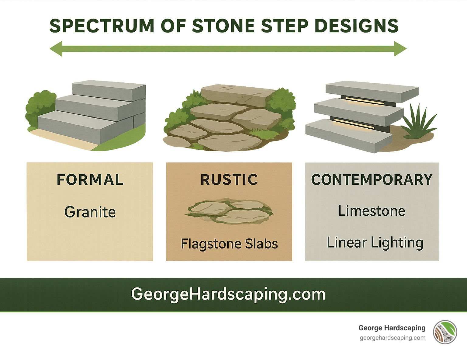 Spectrum of stone step designs from formal to rustic to contemporary with material recommendations for each style - stone steps design infographic
