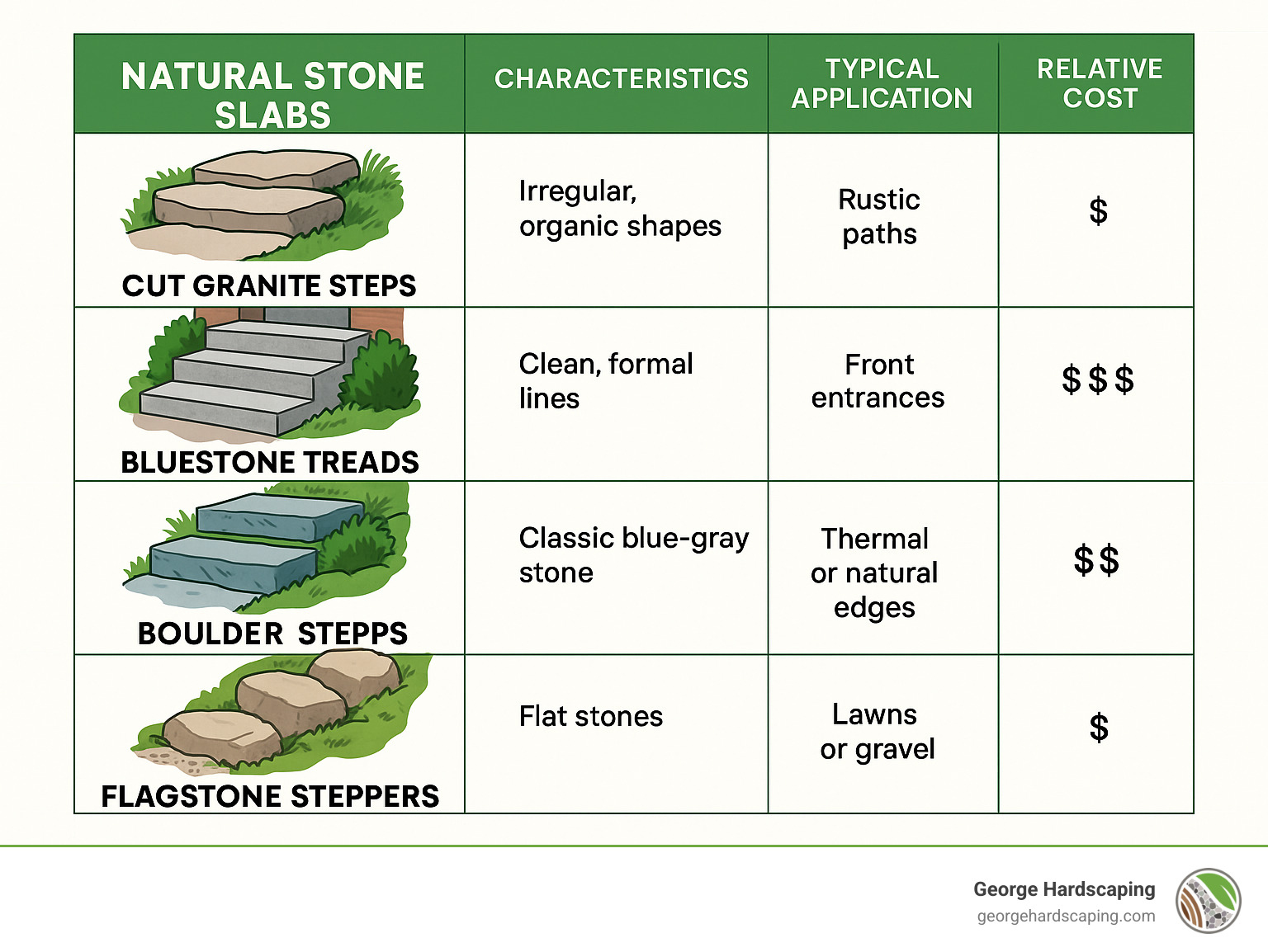 Comparison of popular stone step designs showing natural stone slabs, cut granite, bluestone treads, boulder steps and flagstone steppers with their characteristics, typical applications, and relative cost ranges - stone steps design infographic