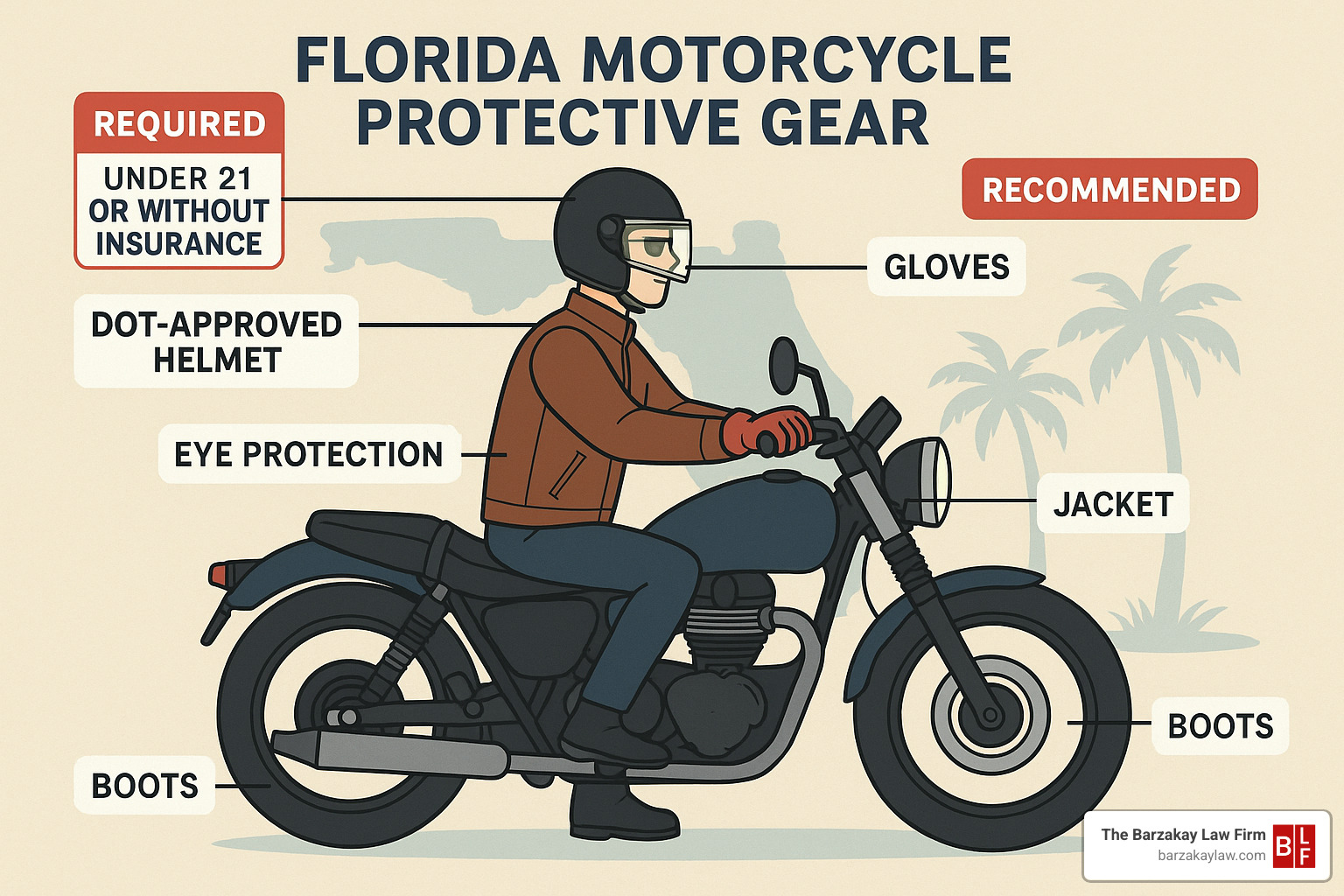 Motorcycle protective gear with labels showing what is required vs. recommended in Florida - motorcycle accident attorney florida