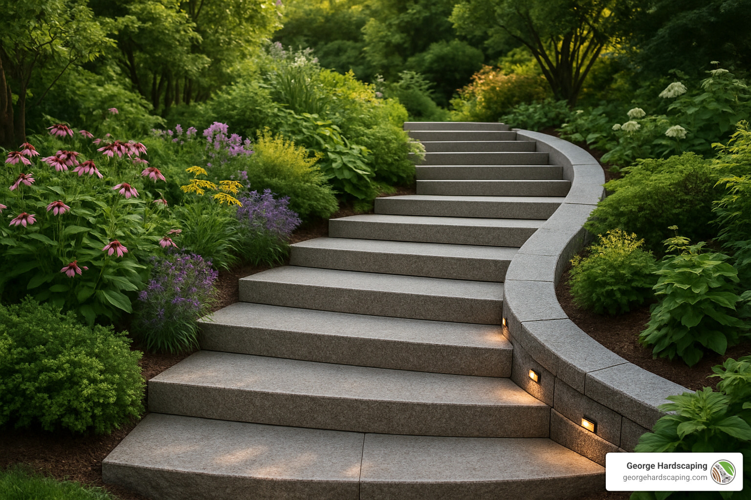 curved granite staircase with landscaping - stone steps design