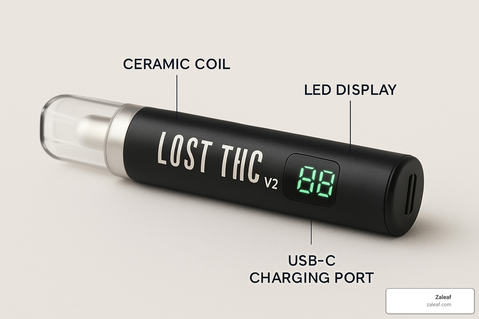 Lost THC V2 vape pen features showing ceramic coil, LED display and USB-C port - how to use lost thc vape pen