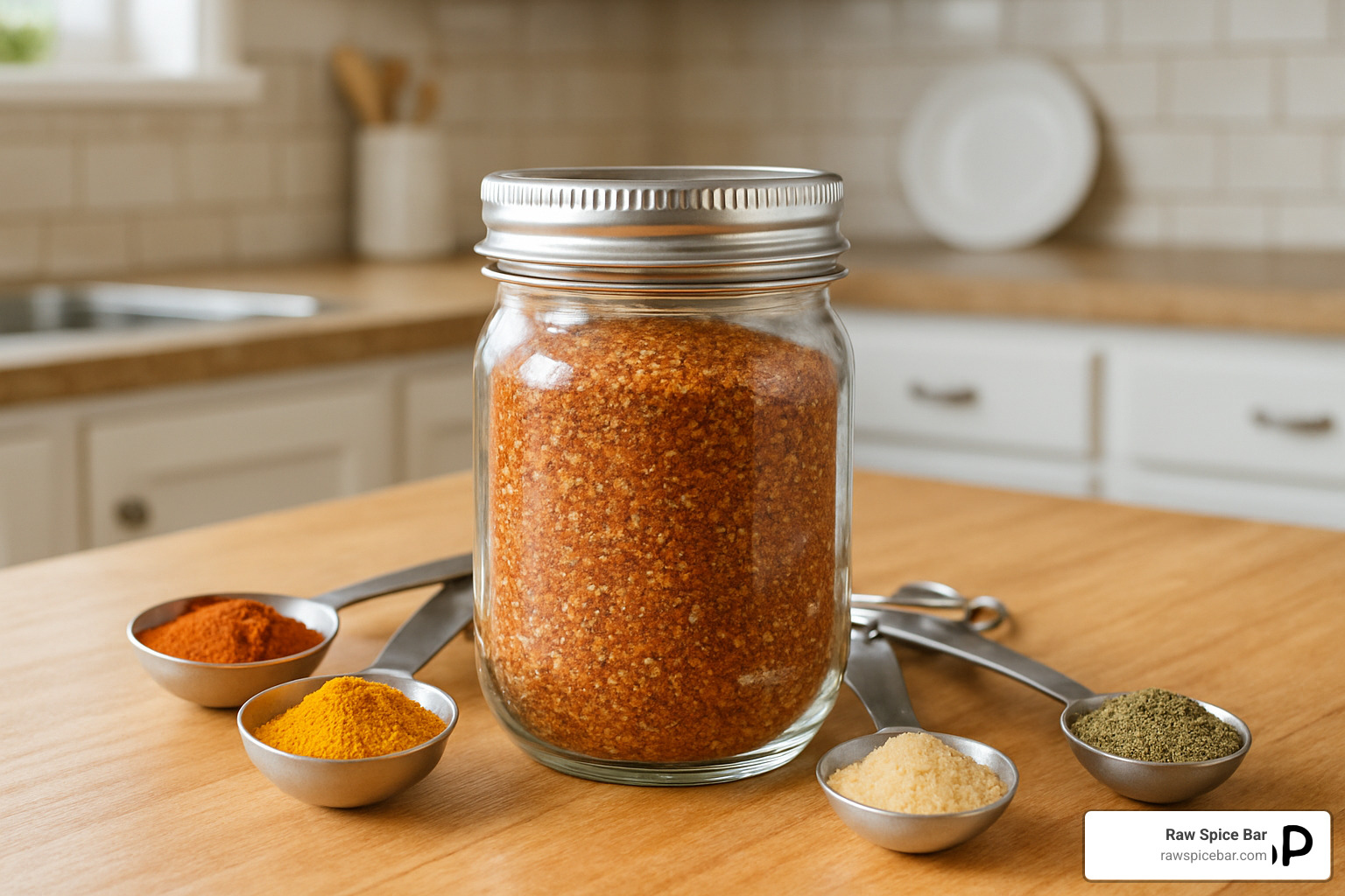 homemade spice blend in a glass jar with measuring spoons - low sodium fajita seasoning