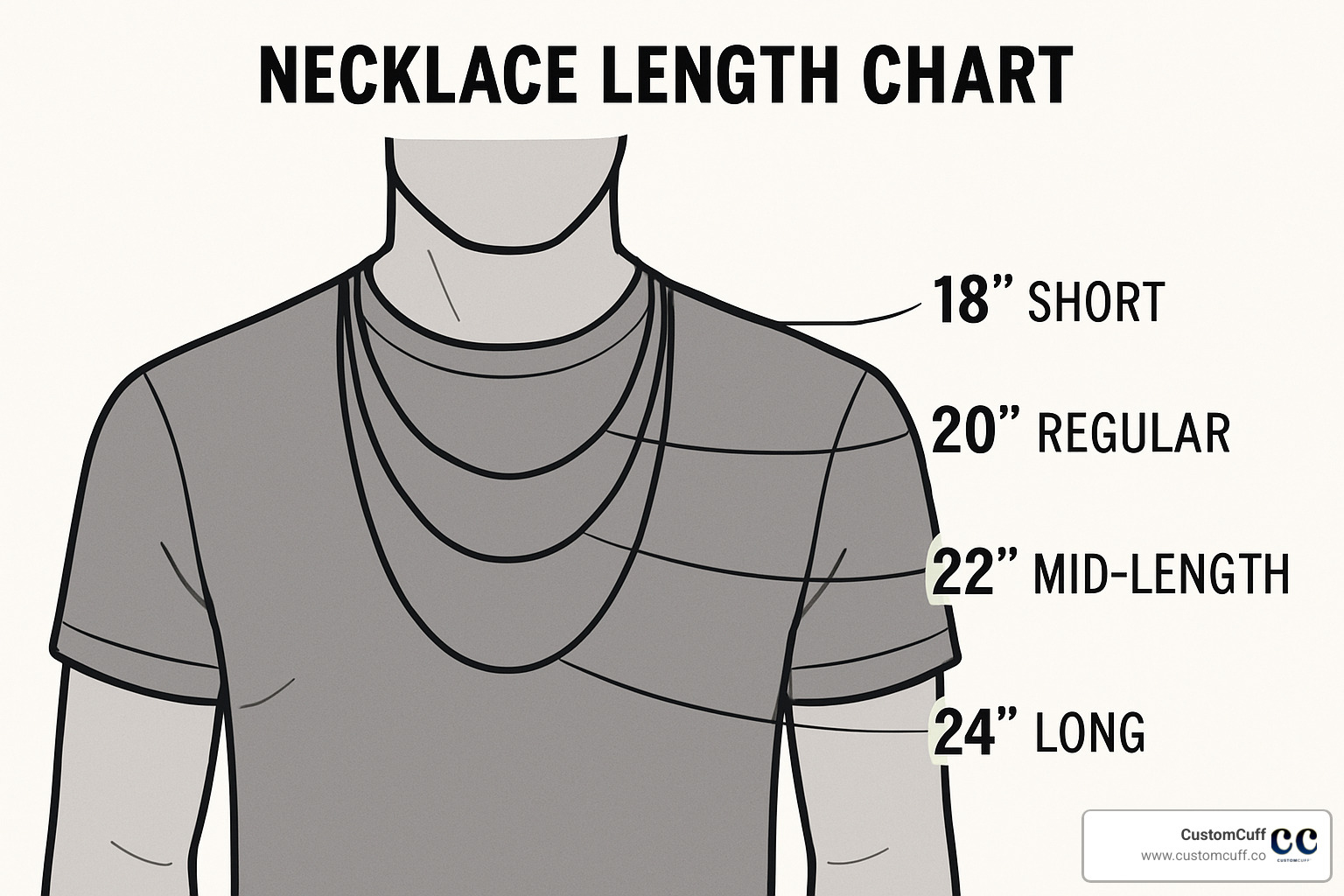 Necklace length chart showing how different chain lengths sit on the male torso - engraved brother necklace