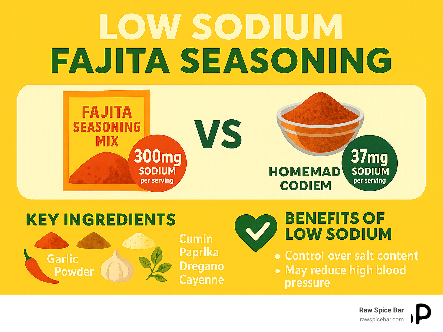 Comparison of sodium content in store-bought vs homemade fajita seasoning, showing commercial packets with 300mg sodium vs homemade blend with only 37mg sodium per serving, alongside key ingredients and health benefits of low sodium alternatives - low sodium fajita seasoning infographic 