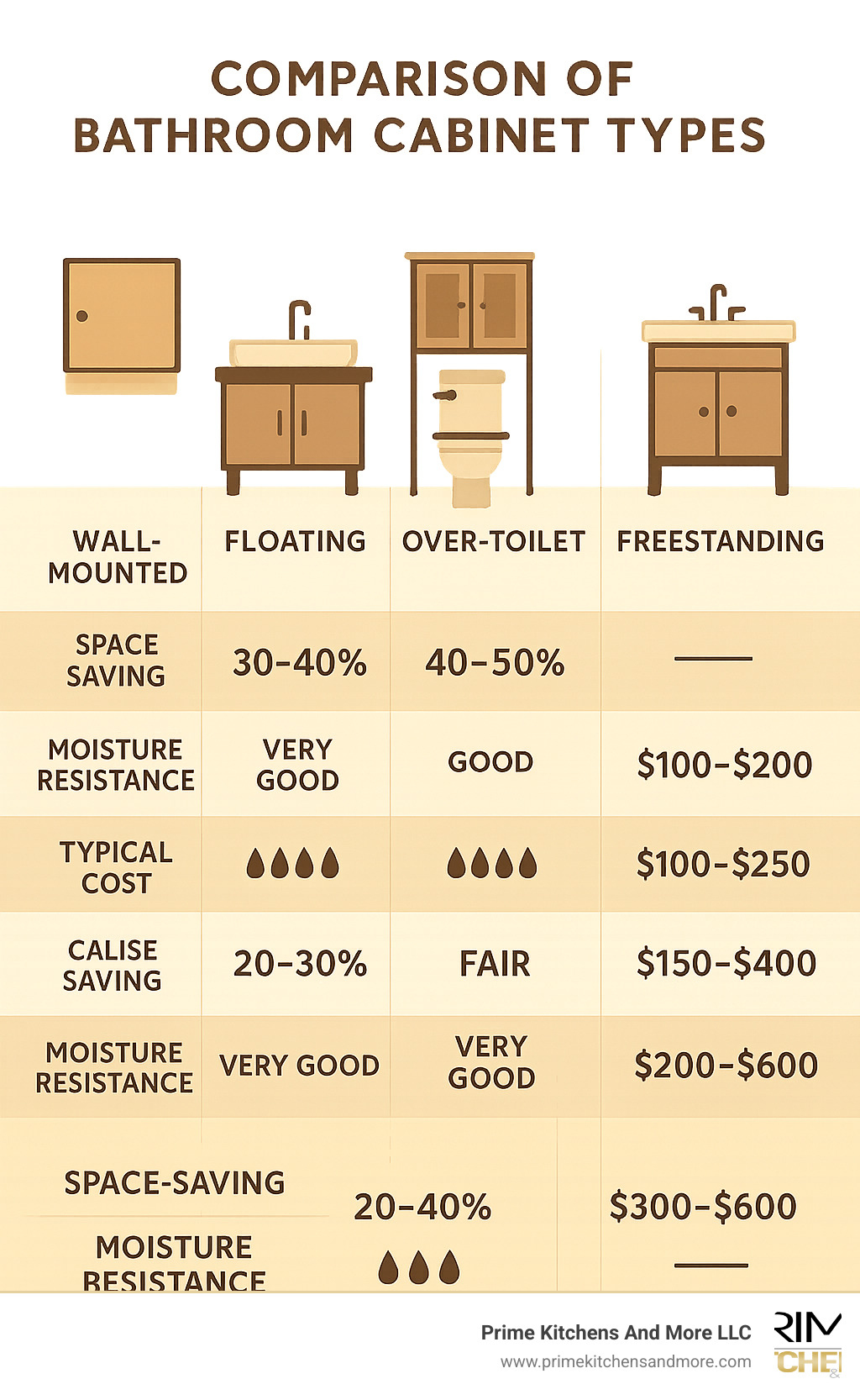 Comparison of bathroom cabinet types showing wall-mounted, floating, over-toilet, corner, and freestanding designs with their space-saving percentages, moisture resistance ratings, and typical cost ranges - bathroom cabinet design ideas infographic 