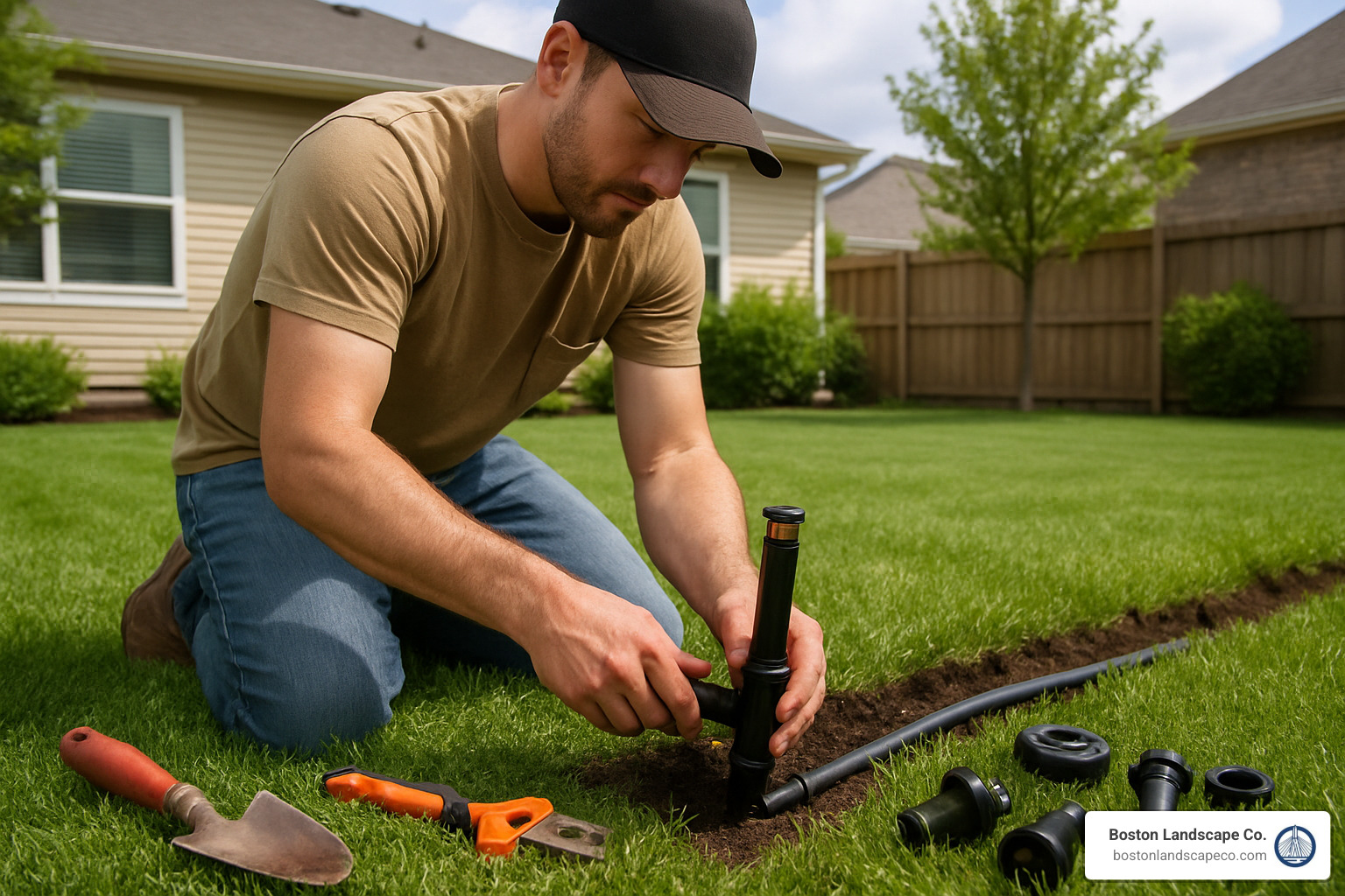 DIY sprinkler installation with homeowner installing pop-up sprinkler head and connecting to irrigation line - Lawn sprinkler installation