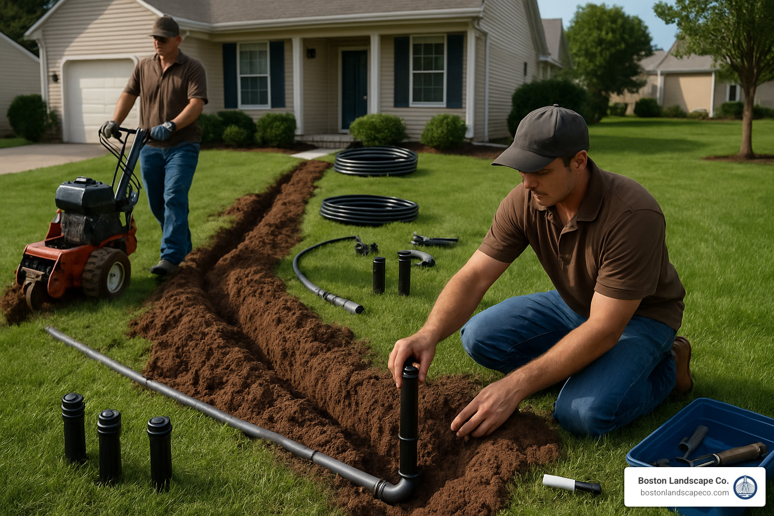 Professional lawn sprinkler installation with trencher digging lines and technician installing pop-up sprinkler heads - Lawn sprinkler installation