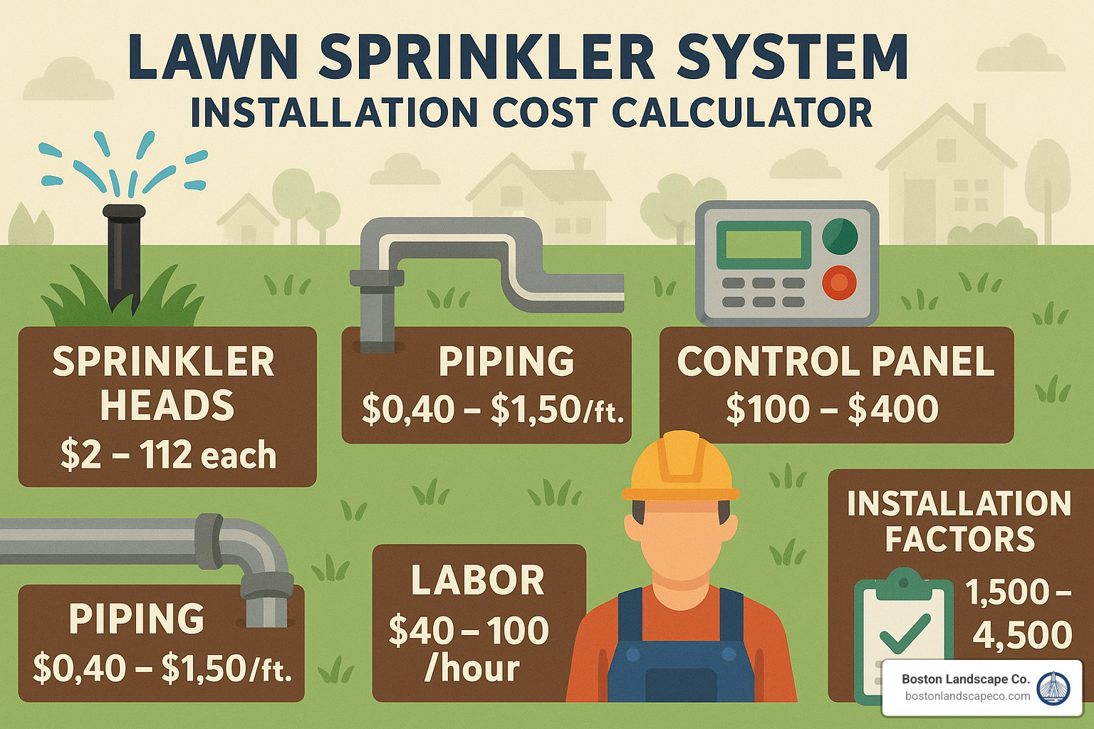Cost calculator graphic showing price breakdown for different sprinkler system components and installation factors - Lawn sprinkler installation