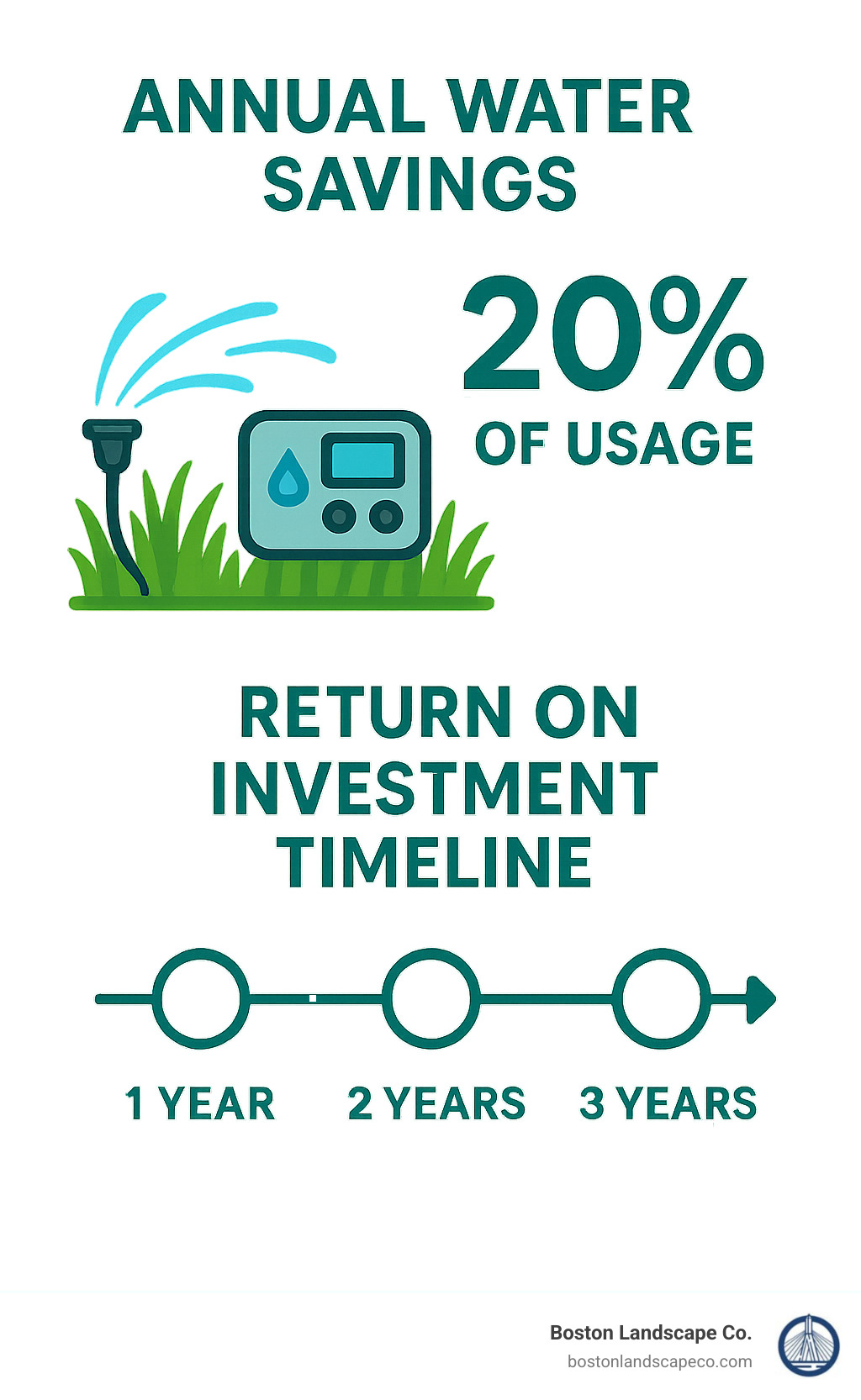 Annual water savings and return on investment timeline for smart irrigation systems - Lawn sprinkler installation infographic 