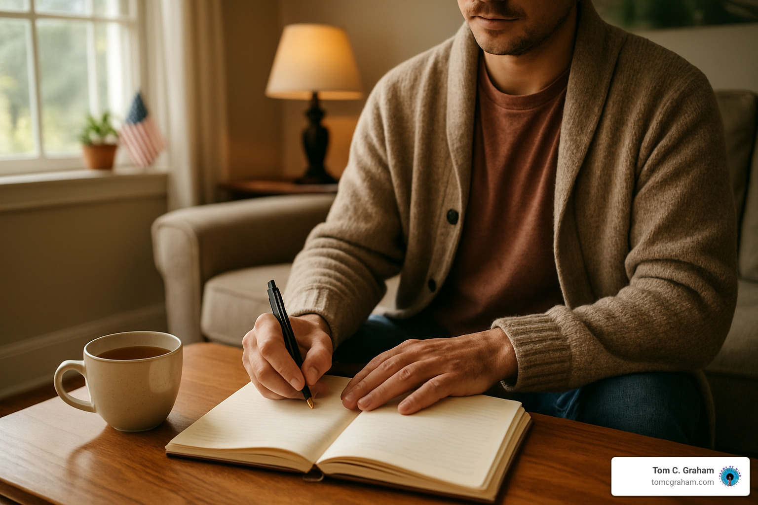 person writing in journal with cup of tea - prioritizing personal wellbeing