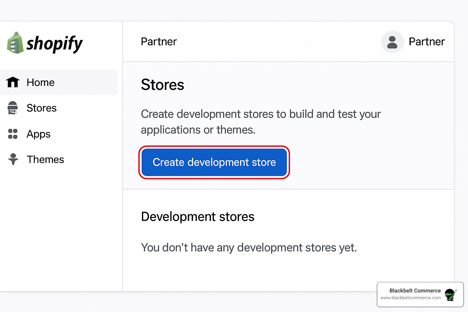 Shopify Partner Dashboard interface showing development store creation - development shopify store