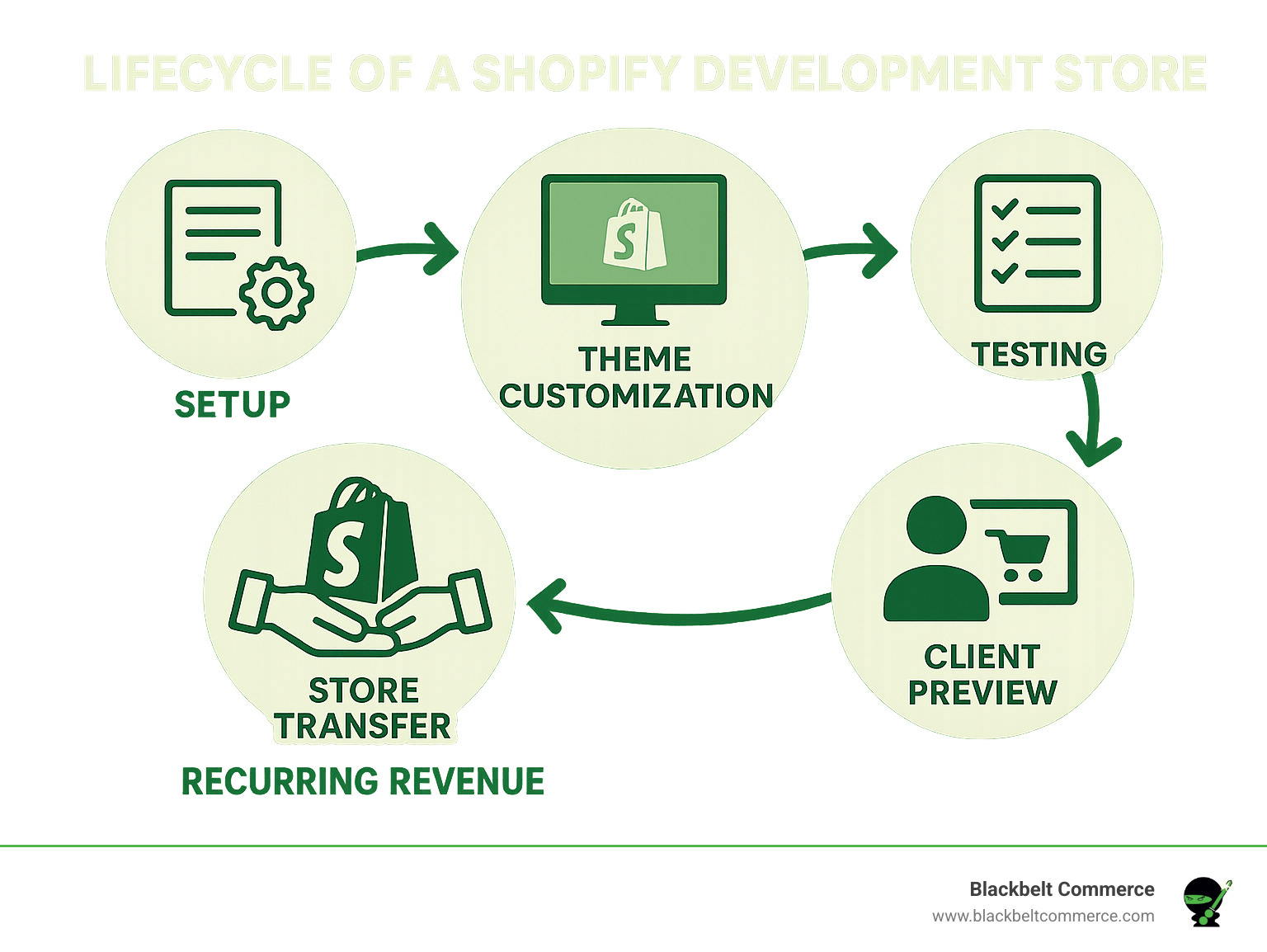 Lifecycle of a Shopify Development Store showing the stages from creation to client transfer, including setup in Partner Dashboard, theme customization, testing, client preview, and store transfer with recurring revenue - development shopify store infographic 