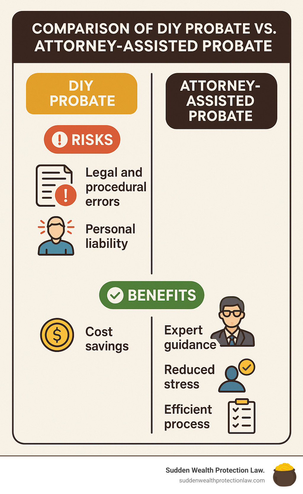 Comparison of DIY probate vs attorney-assisted probate showing risks and benefits - probate looks like infographic Comparison of DIY probate vs attorney-assisted probate showing risks and benefits - probate looks like infographic