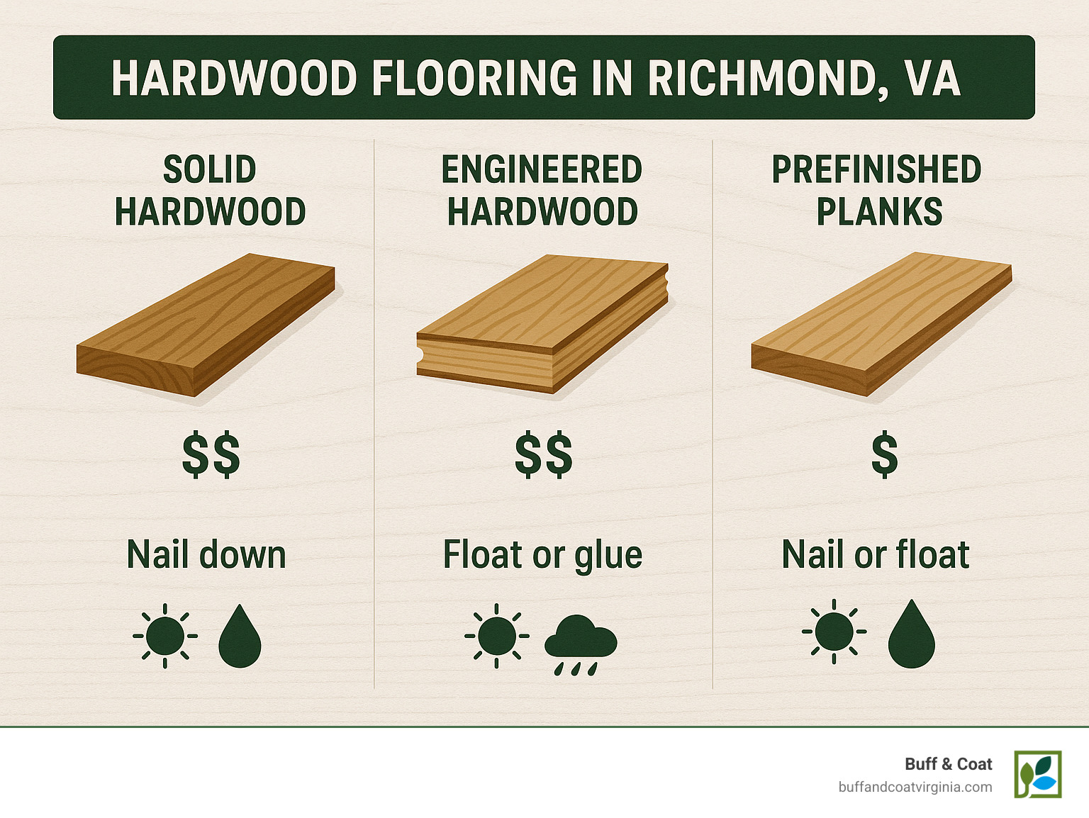 Comparison of hardwood flooring options in Richmond VA showing solid hardwood, engineered hardwood, and prefinished planks with their respective costs, installation methods, and suitability for Richmond's climate conditions - hardwood flooring richmond va infographic - hardwood flooring richmond va infographic Comparison of hardwood flooring options in Richmond VA showing solid hardwood, engineered hardwood, and prefinished planks with their respective costs, installation methods, and suitability for Richmond's climate conditions - hardwood flooring richmond va infographic - hardwood flooring richmond va infographic