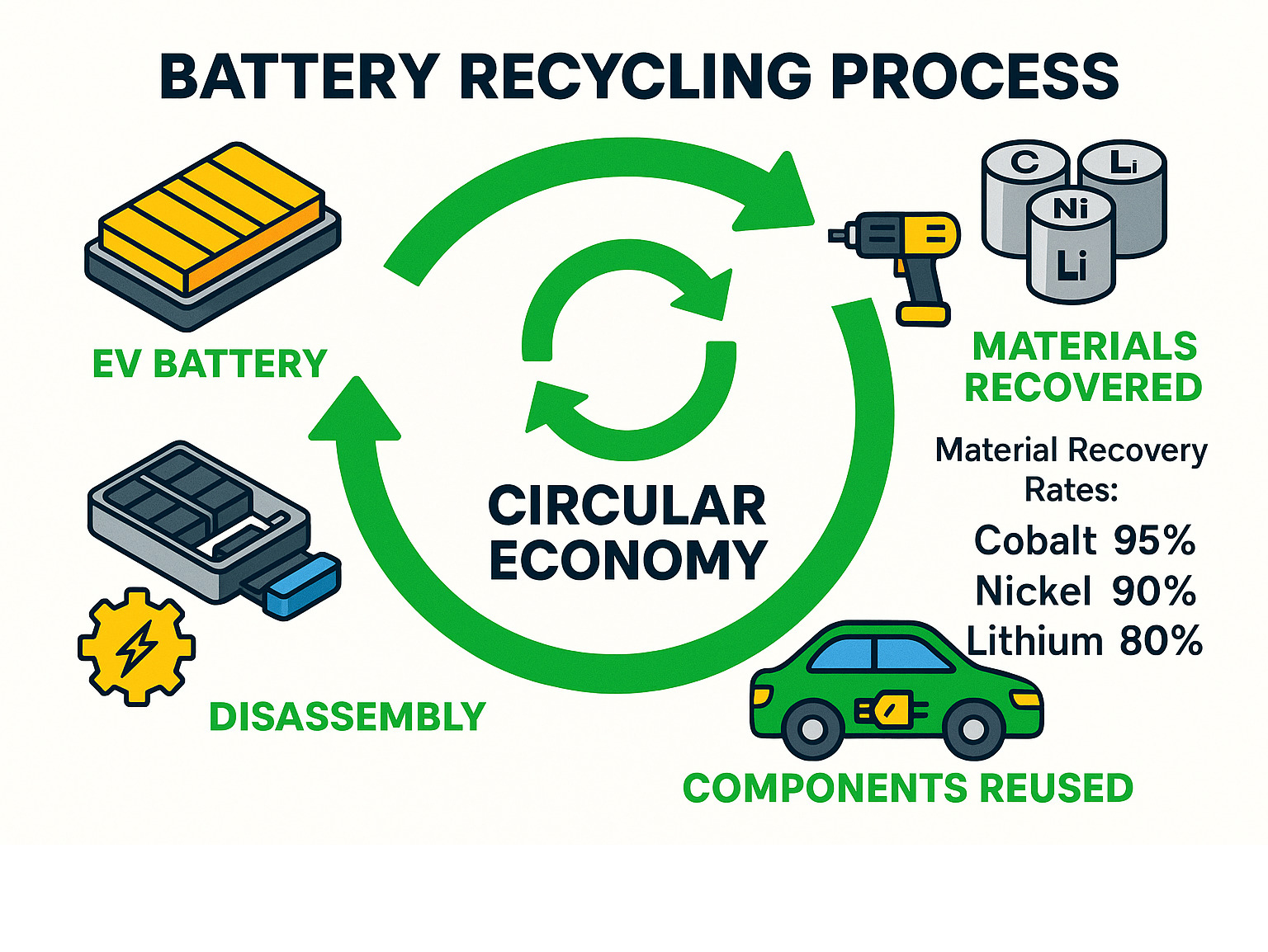Battery recycling process showing how EV batteries are disassembled, materials recovered, and components reused in a circular economy model with statistics on material recovery rates - eco friendly luxury cars infographic 