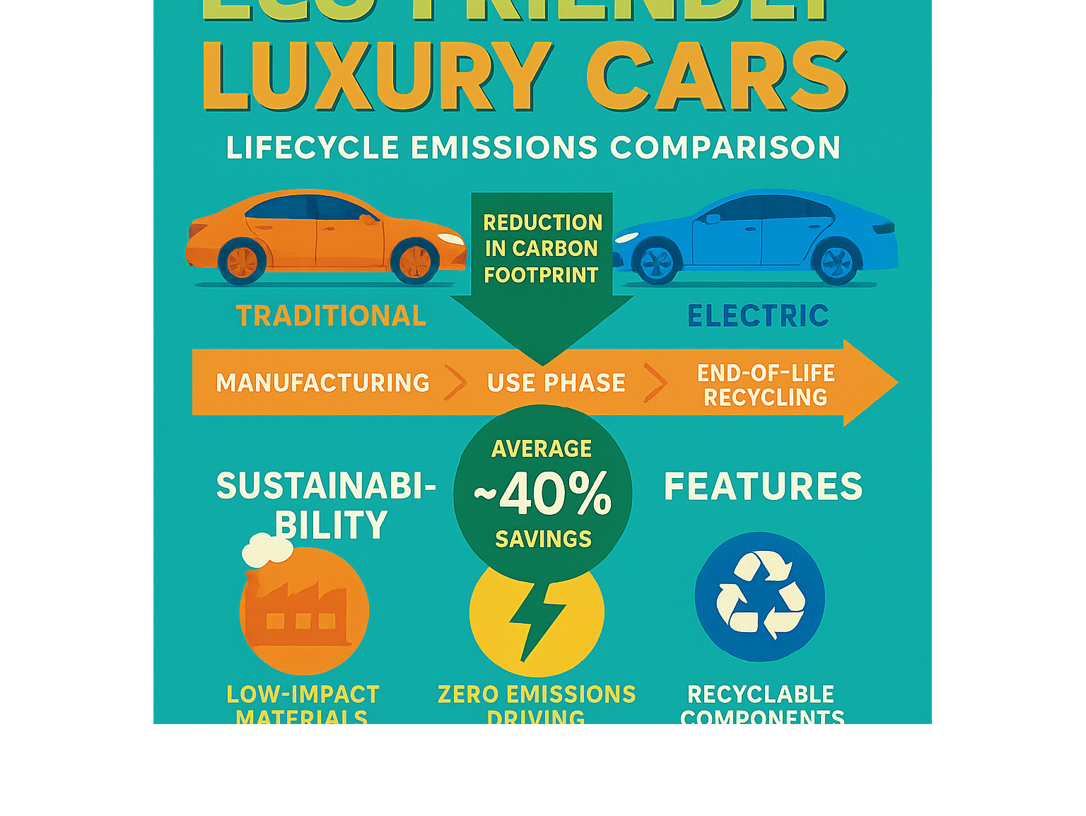 Lifecycle emissions comparison between traditional luxury vehicles and electric luxury cars showing carbon footprint reduction across manufacturing, use phase, and end-of-life recycling, with data on average CO2 savings and sustainability features - eco friendly luxury cars infographic 