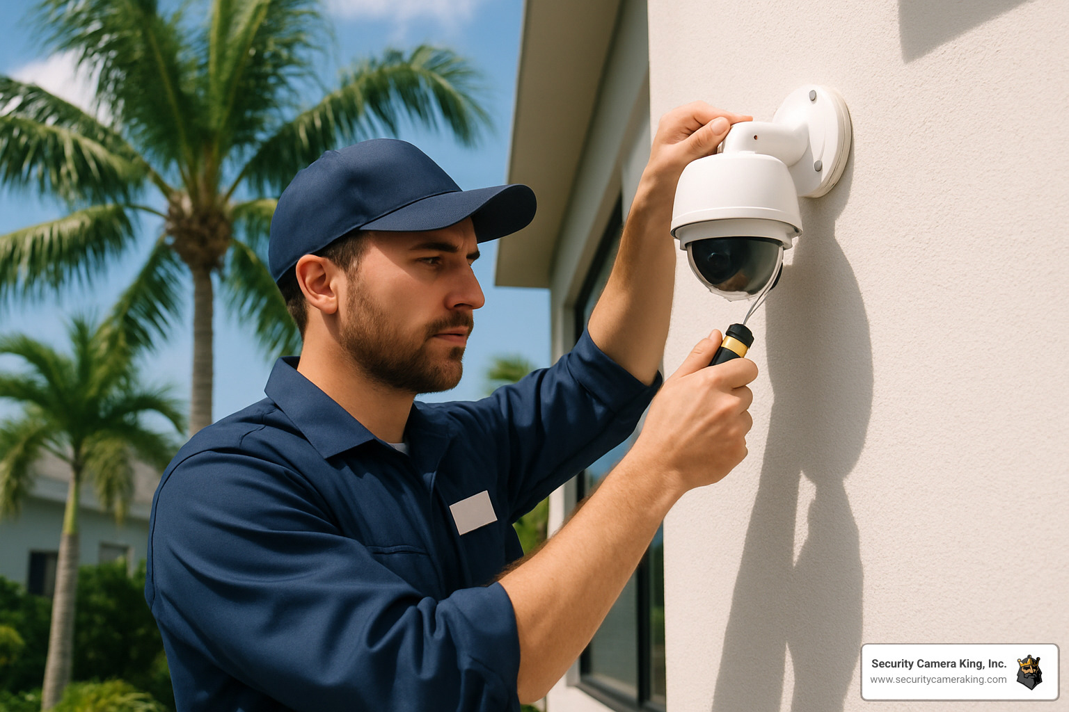 licensed technician installing security camera - CCTV installation Boca Raton
