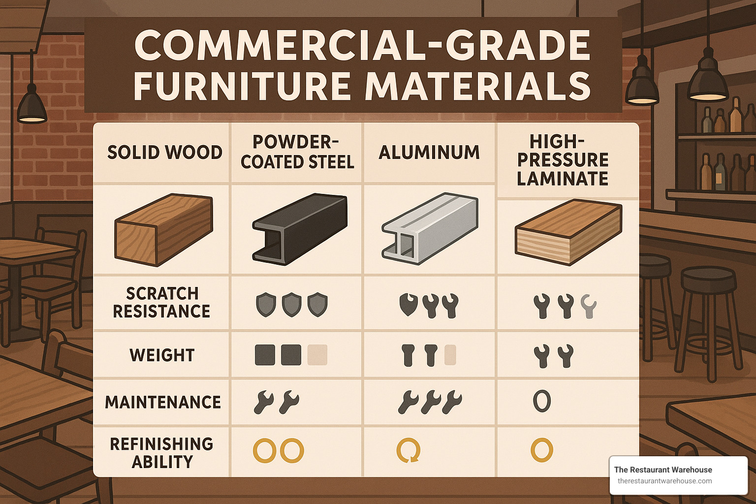 commercial grade furniture materials showing durability ratings - restaurant bar furniture