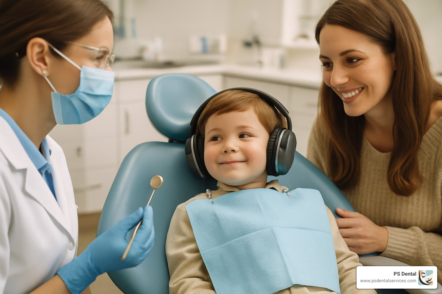 child wearing headphones at dentist - child dental anxiety solutions