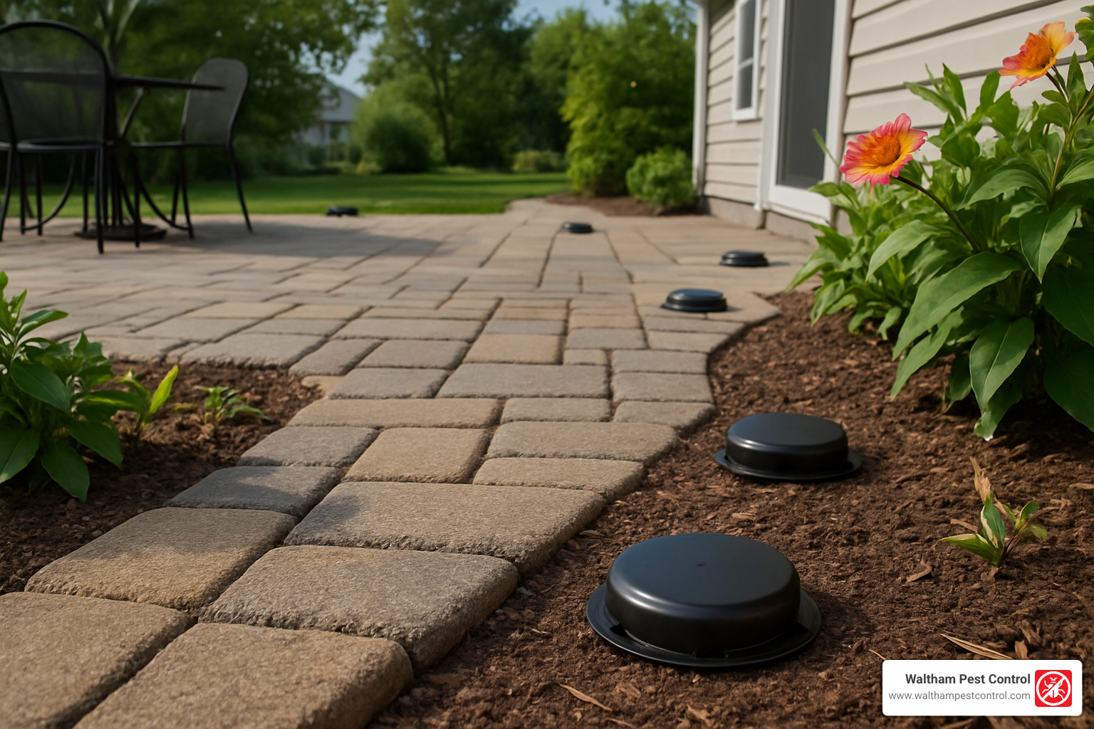 ant bait stations placed strategically around a patio - ant control outside house