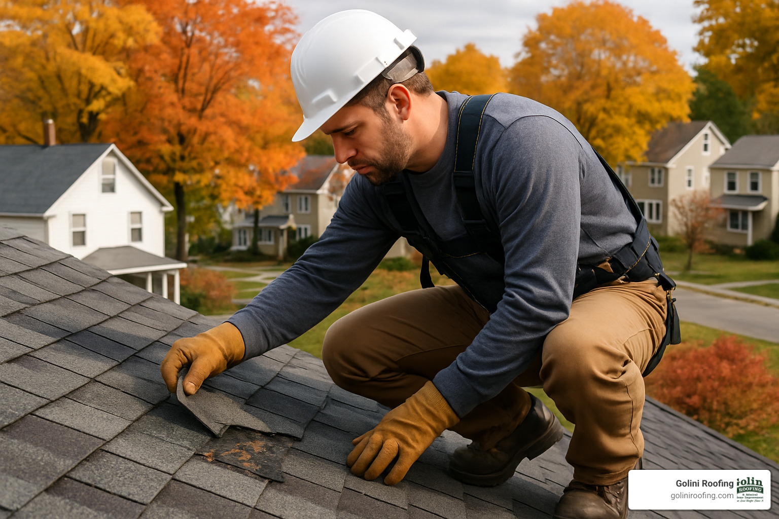 roof repair professional inspecting damaged shingles - local roofing company lynnfield ma