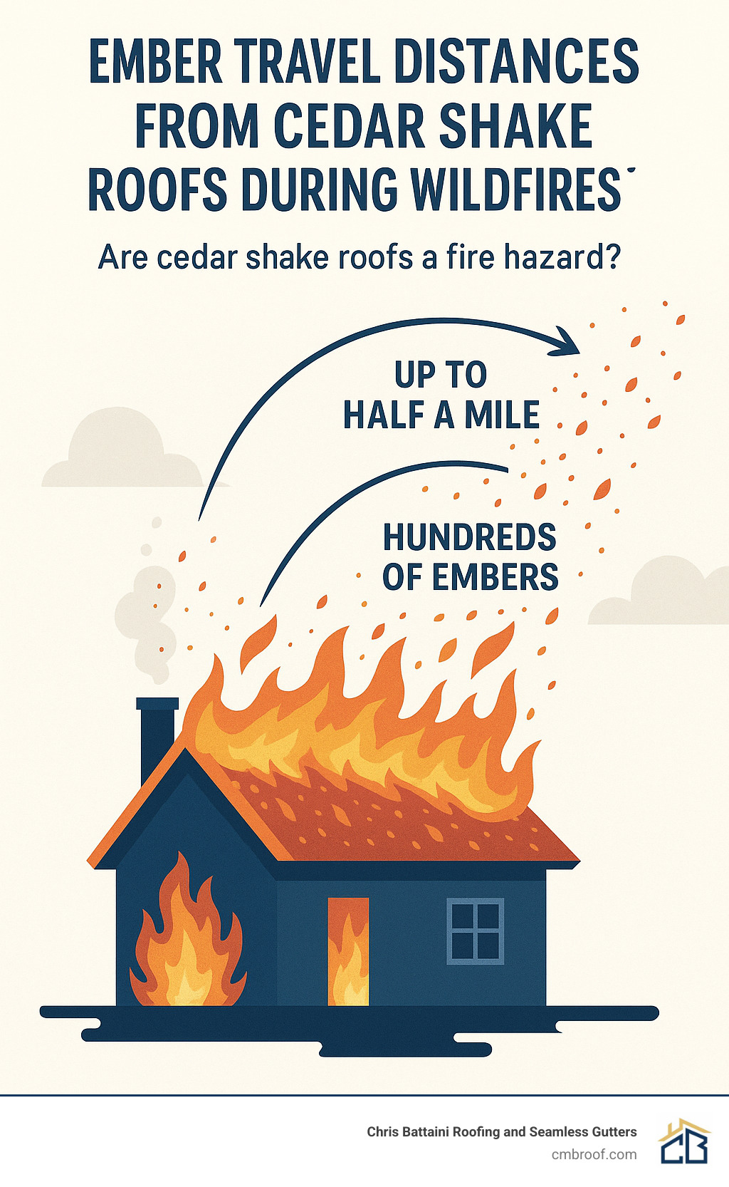 infographic showing ember travel distances from cedar shake roofs during wildfires - are cedar shake roofs a fire hazard infographic 