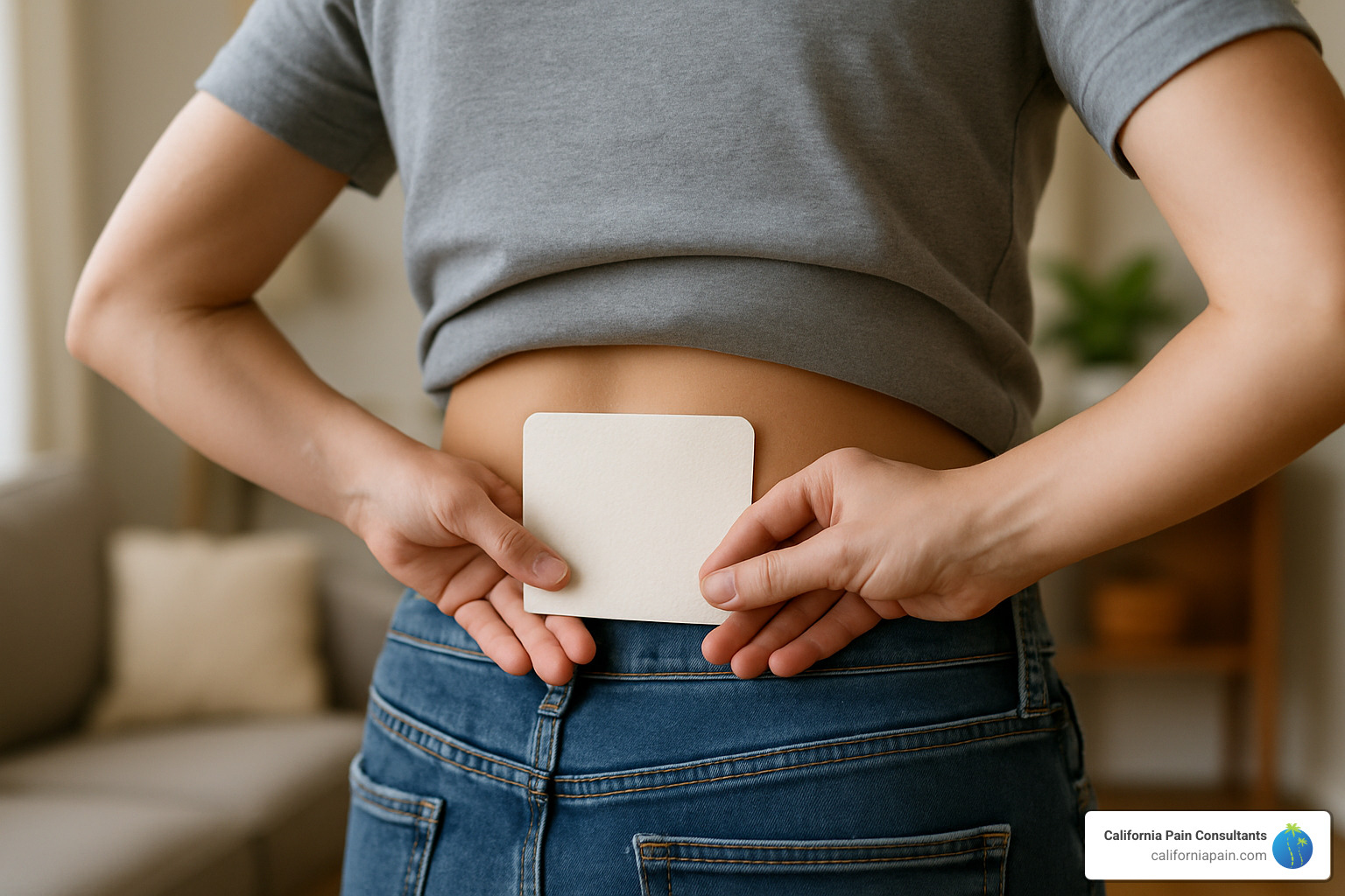 Topical pain relief patches being applied to lower back - back pain relief products