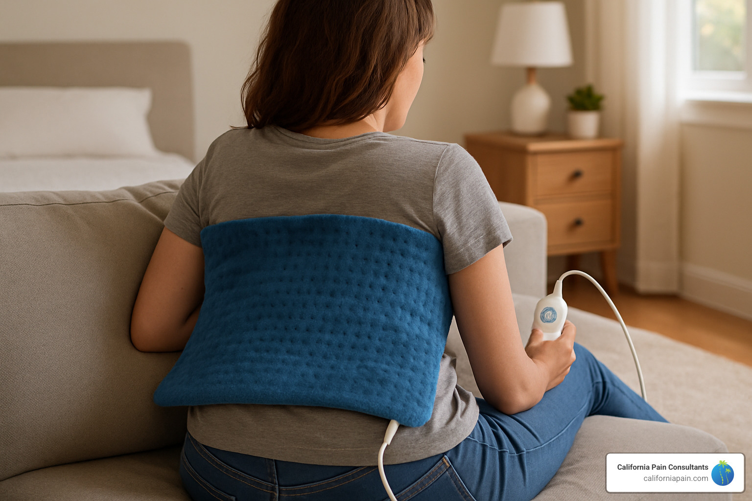 Person using heating pad on lower back - back pain relief products