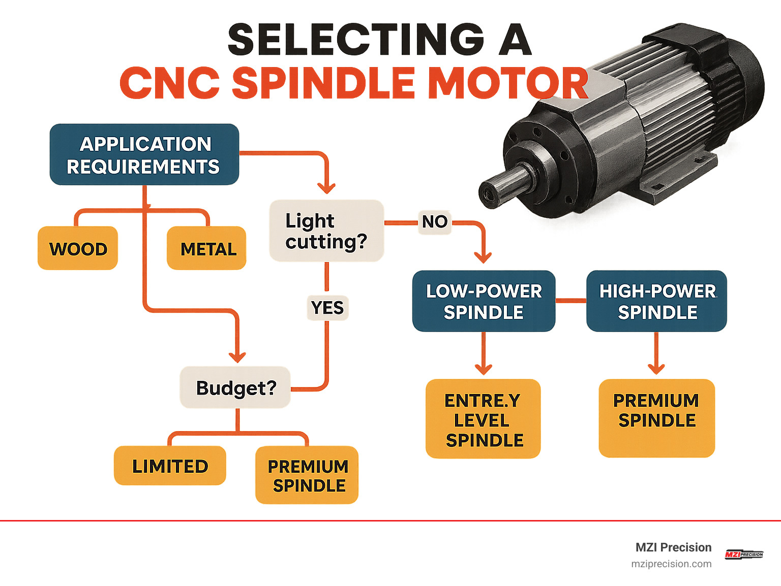 Decision flowchart for selecting the optimal CNC spindle motor based on application requirements, showing branching paths for different material types, cutting strategies, and budget considerations - cnc milling machine spindle motor infographic 