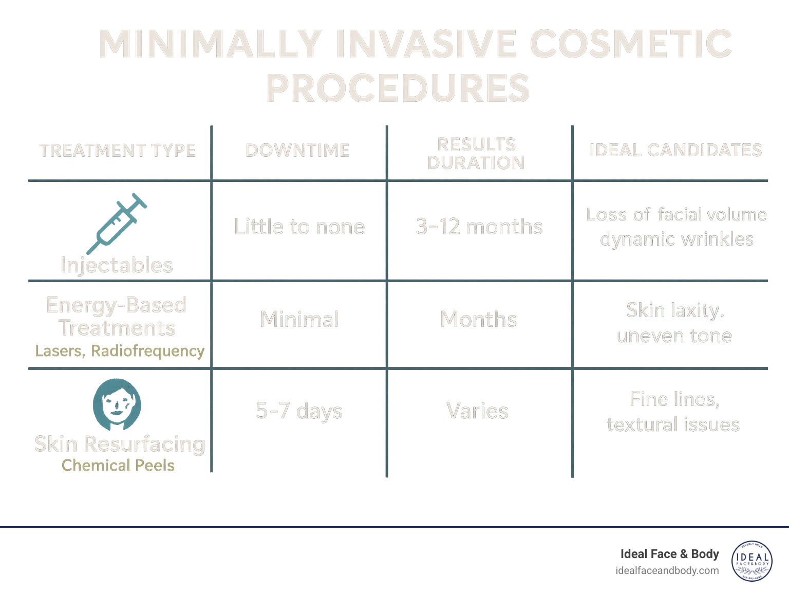 Comparison of popular minimally invasive cosmetic procedures showing treatment types, downtime, results duration, and ideal candidates organized by category (injectables, energy-based treatments, and skin resurfacing) - Minimally invasive cosmetic procedures infographic 