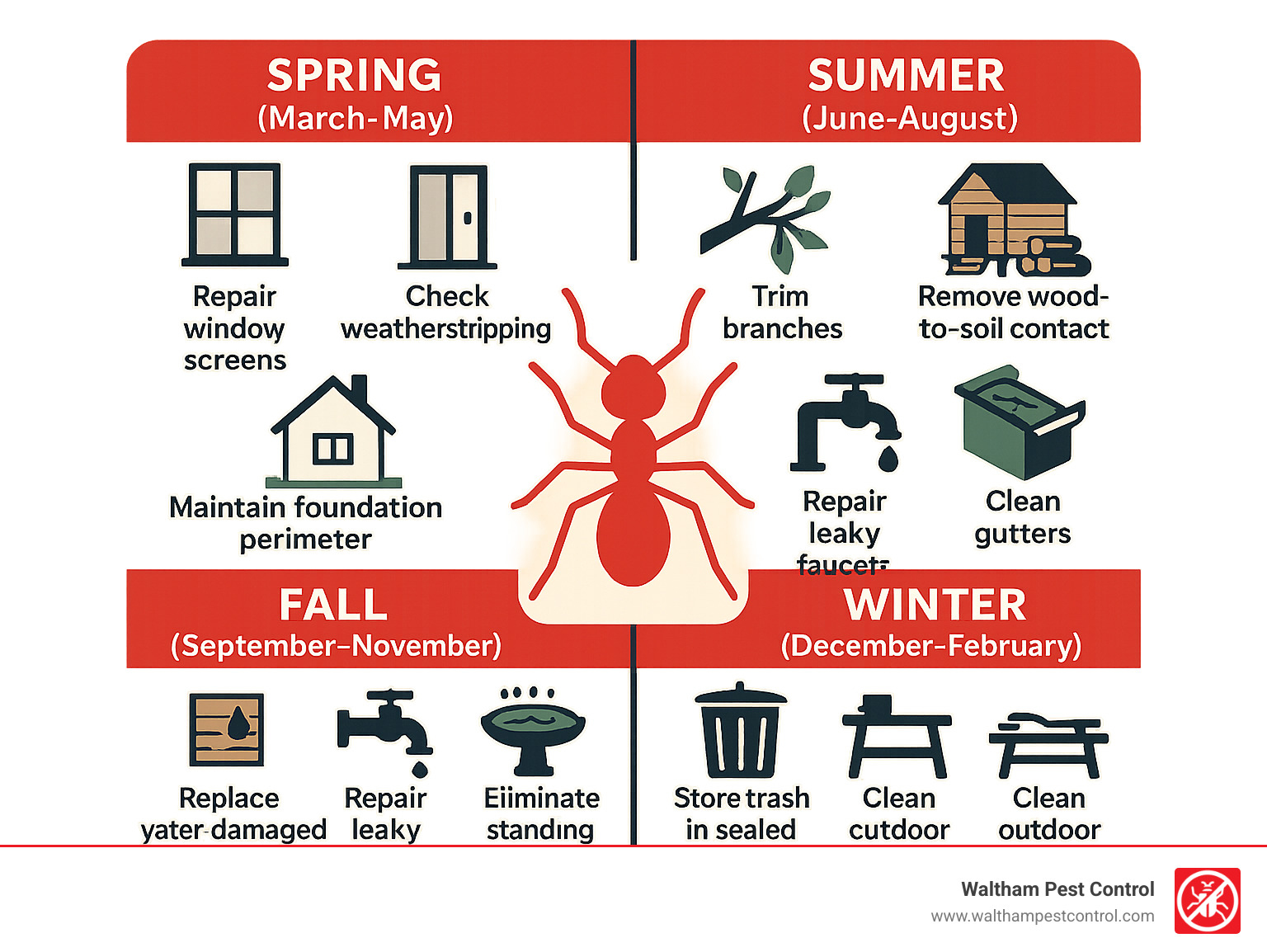 yearly maintenance calendar for ant prevention - ant control outside house infographic 
