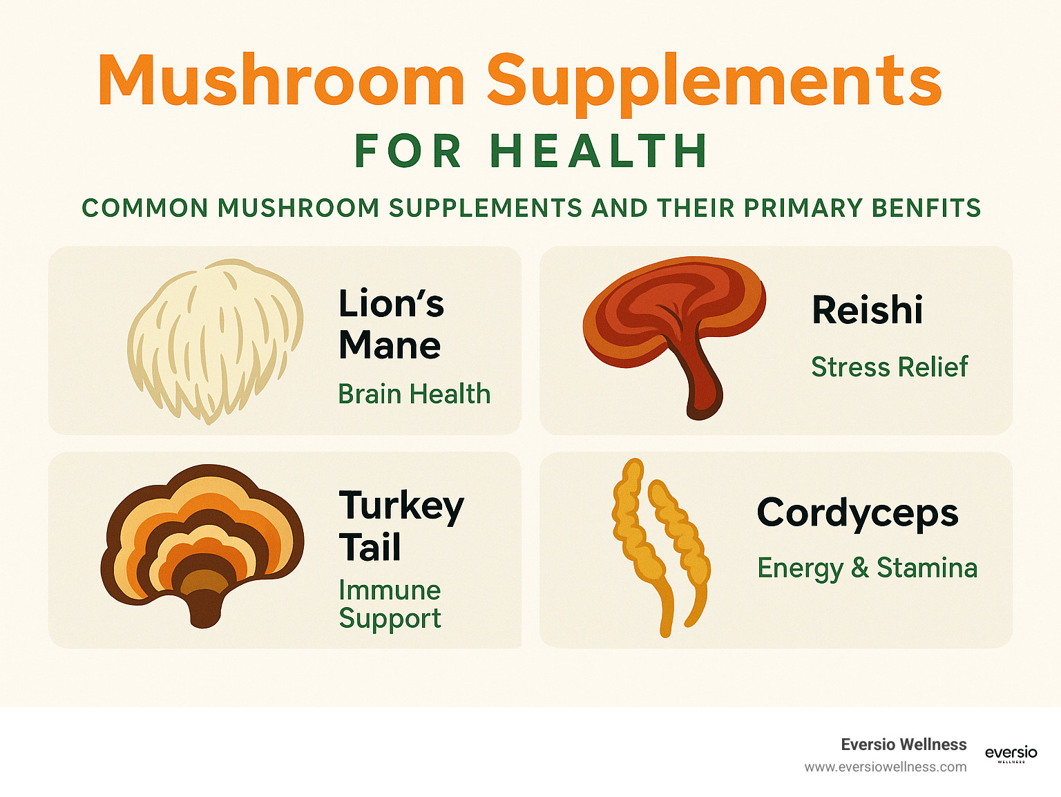 Common mushroom supplements and their primary benefits - Mushroom supplements for health infographic 