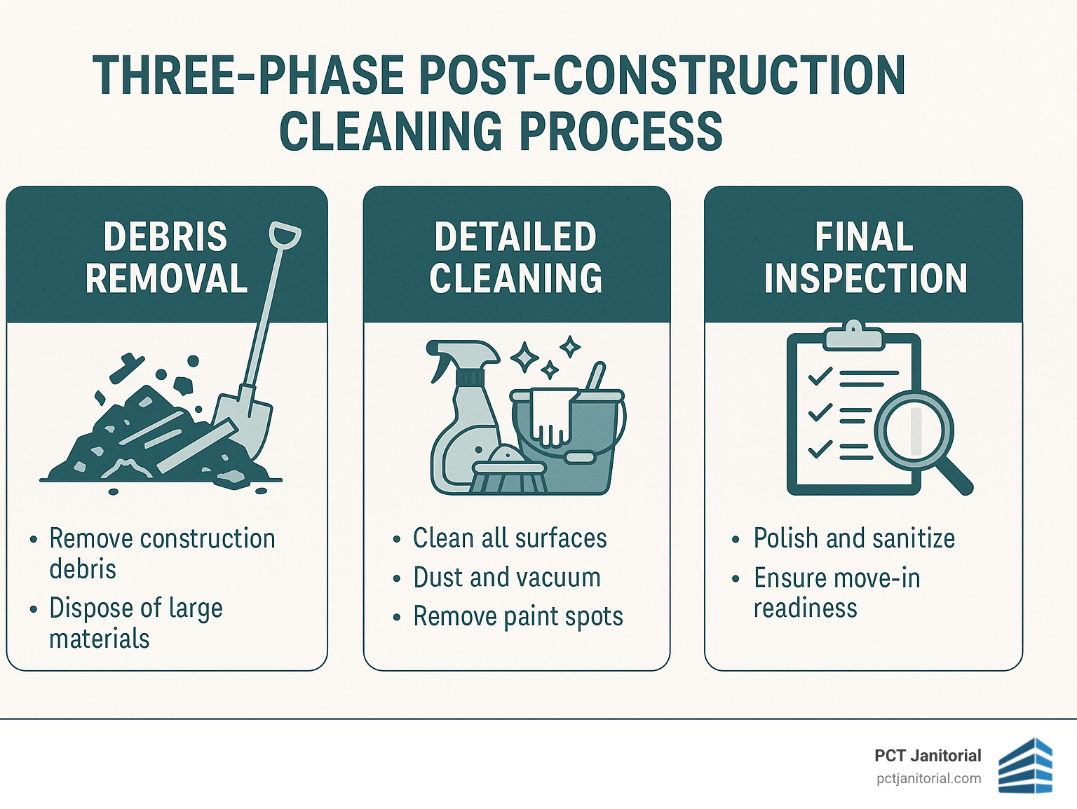 Three-phase post construction cleaning process showing debris removal, detailed cleaning, and final inspection with specific tasks in each phase - post construction cleaning atlanta infographic 