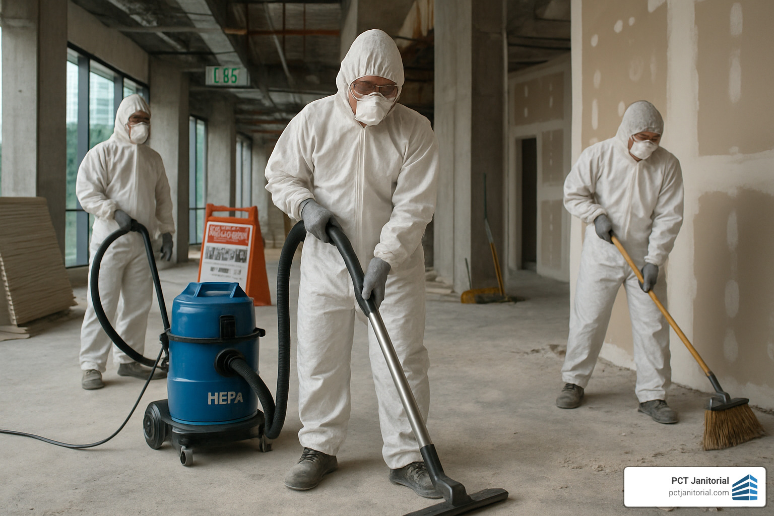 cleaning crew using HEPA vacuum on post construction site - post construction cleaning atlanta