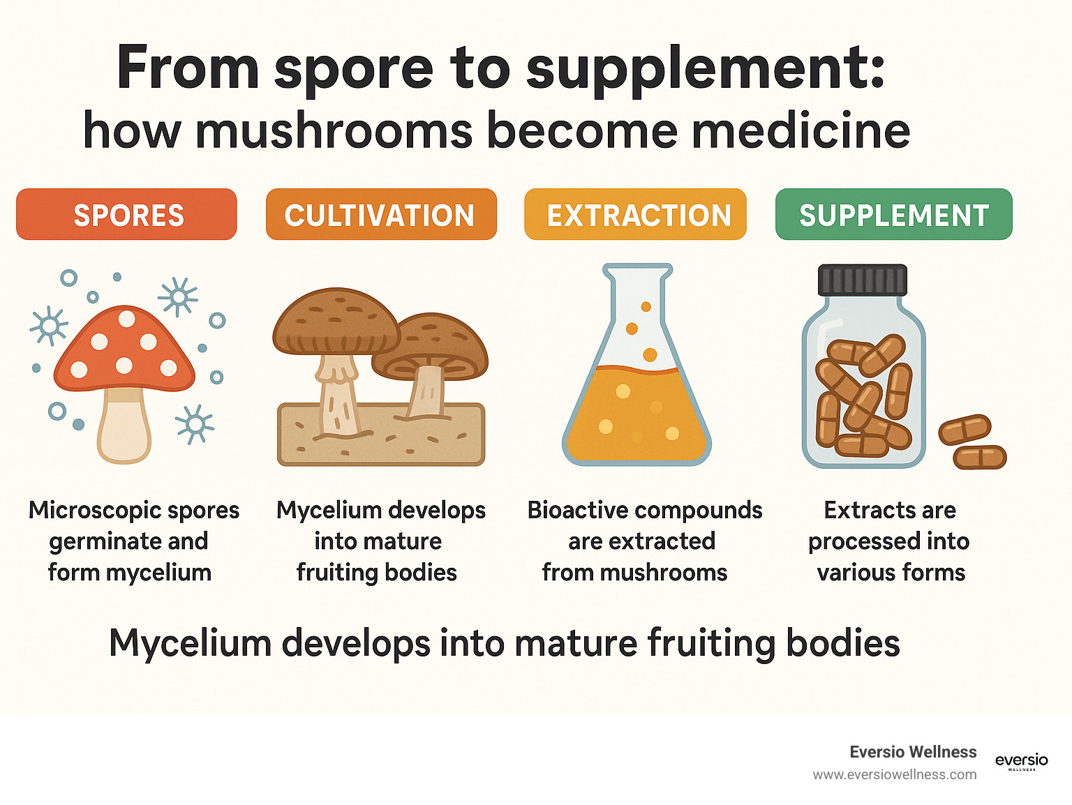 From spore to supplement: how mushrooms become medicine - Mushroom supplements for health infographic 