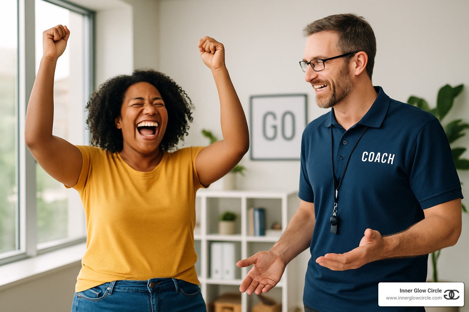 A person celebrating achieving a goal with a coach providing guidance - life coaching for personal growth