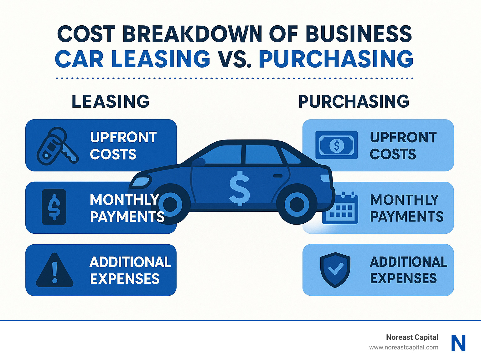 93fb36ec62f71f4c4357fbdb6b5fde6f9c5bbc23 Leasing Cars for Companies: Drive Your Business Forward Car leasing for businesses boosts cash flow, offers tax benefits, and simplifies fleet management. Learn how to drive your company forward. cost breakdown of business car leasing versus purchasing - Car leasing for businesses infographic