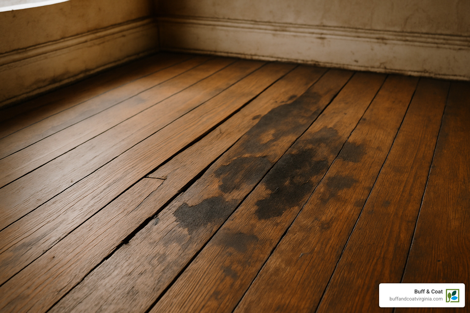 damaged wood floor with gaps and water stains - wood floor repair richmond va
