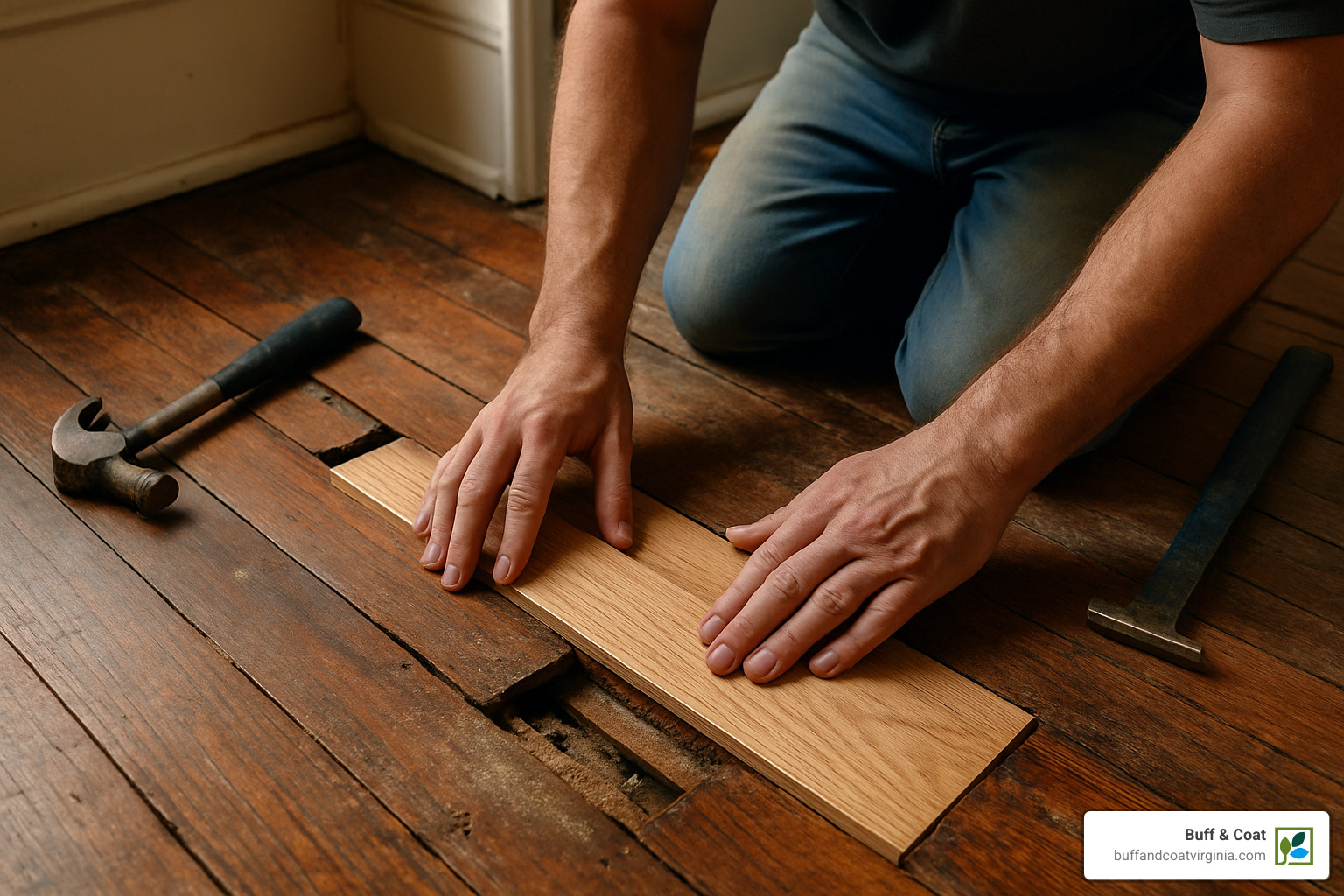 board weaving demonstration showing replacement of damaged boards - wood floor repair richmond va