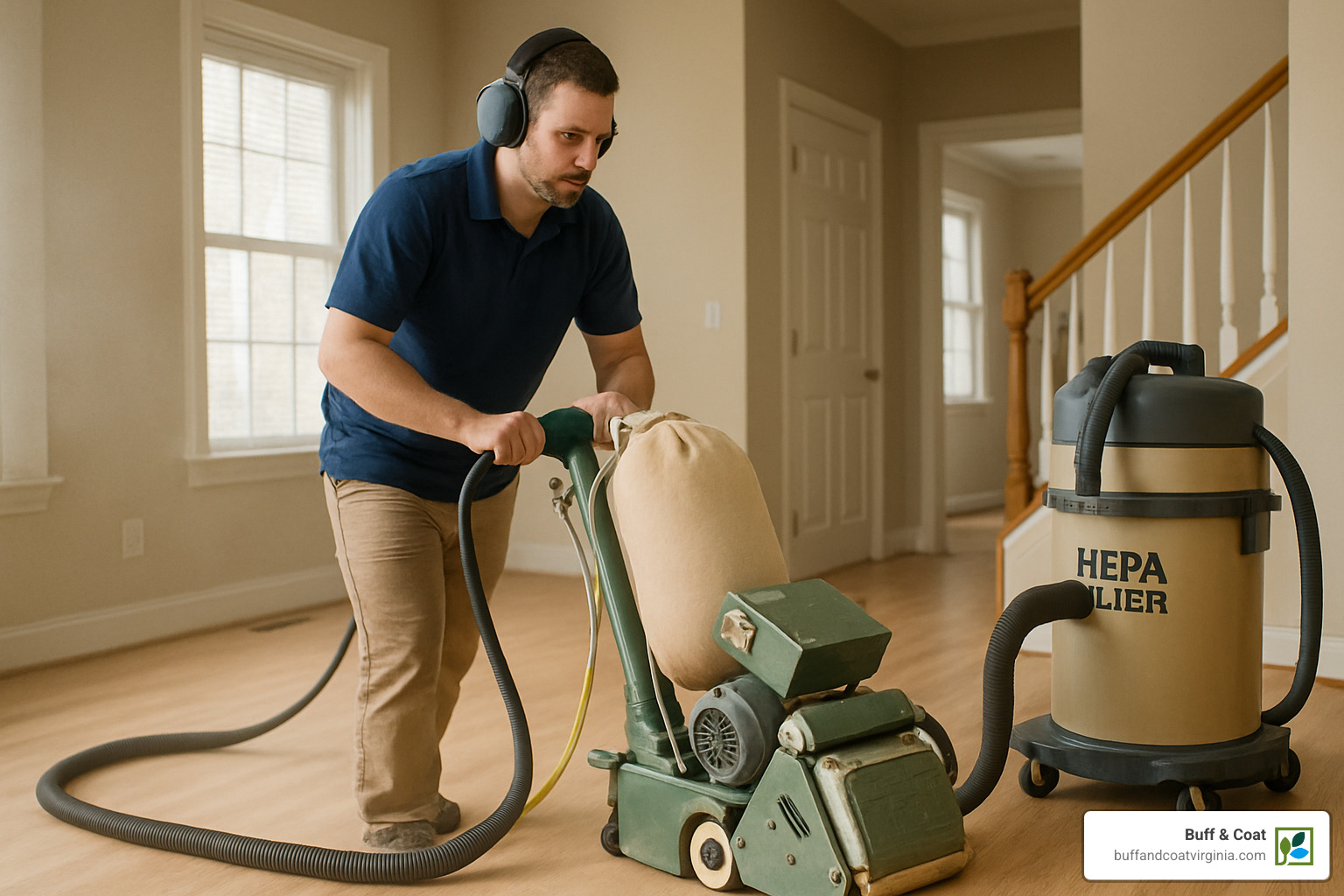 dustless sanding system in action - wood floor repair richmond va
