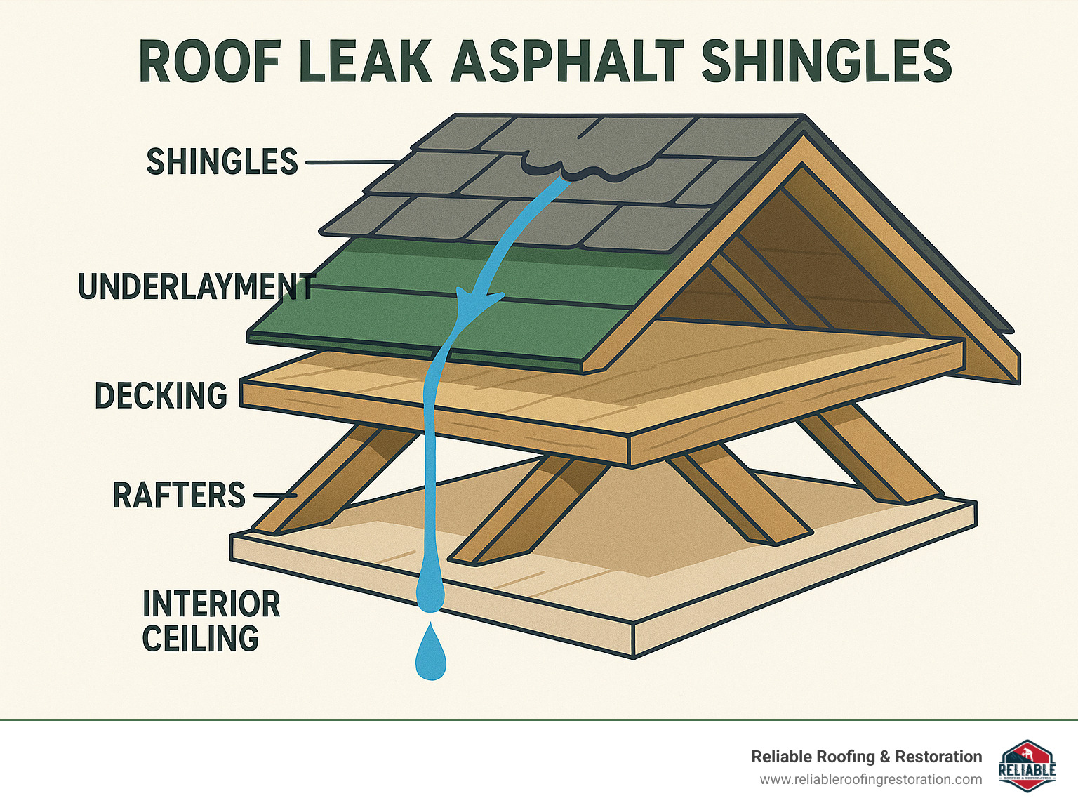 Detailed infographic showing how water travels from damaged asphalt shingles through the roof layers to create ceiling leaks, with labeled components including shingles, underlayment, decking, rafters and interior ceiling - Roof leak asphalt shingles infographic 