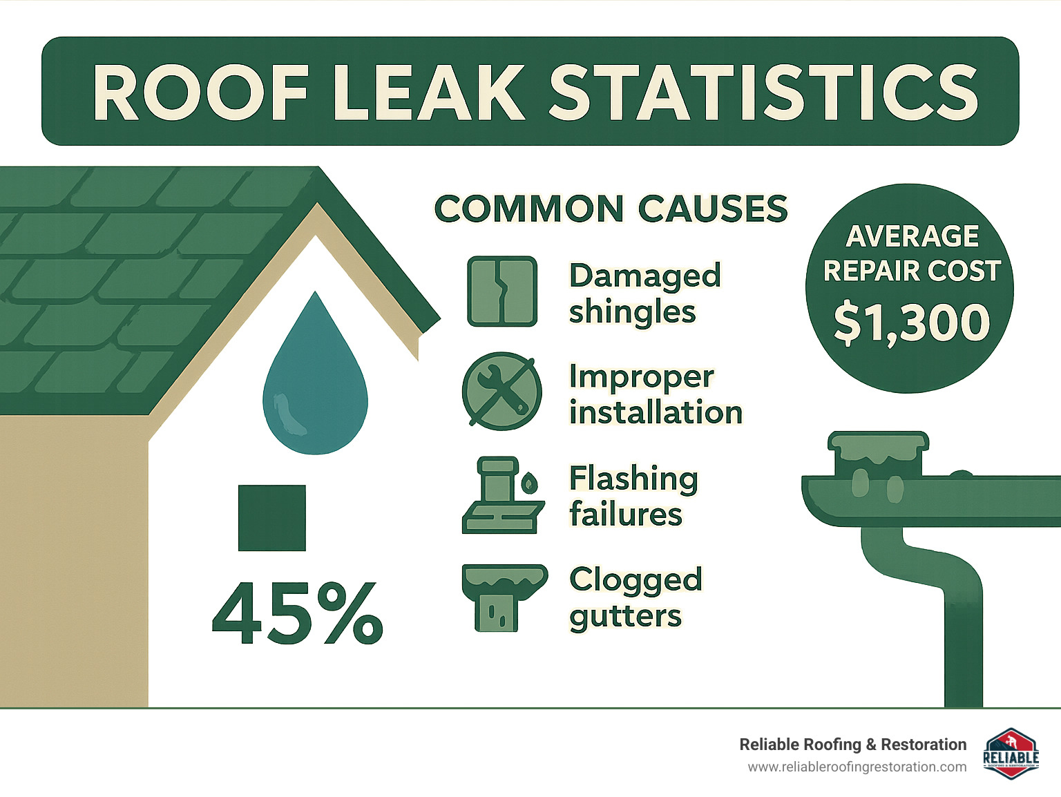 Infographic showing common roof leak statistics including frequency of different causes and average repair costs - Roof leak asphalt shingles infographic 