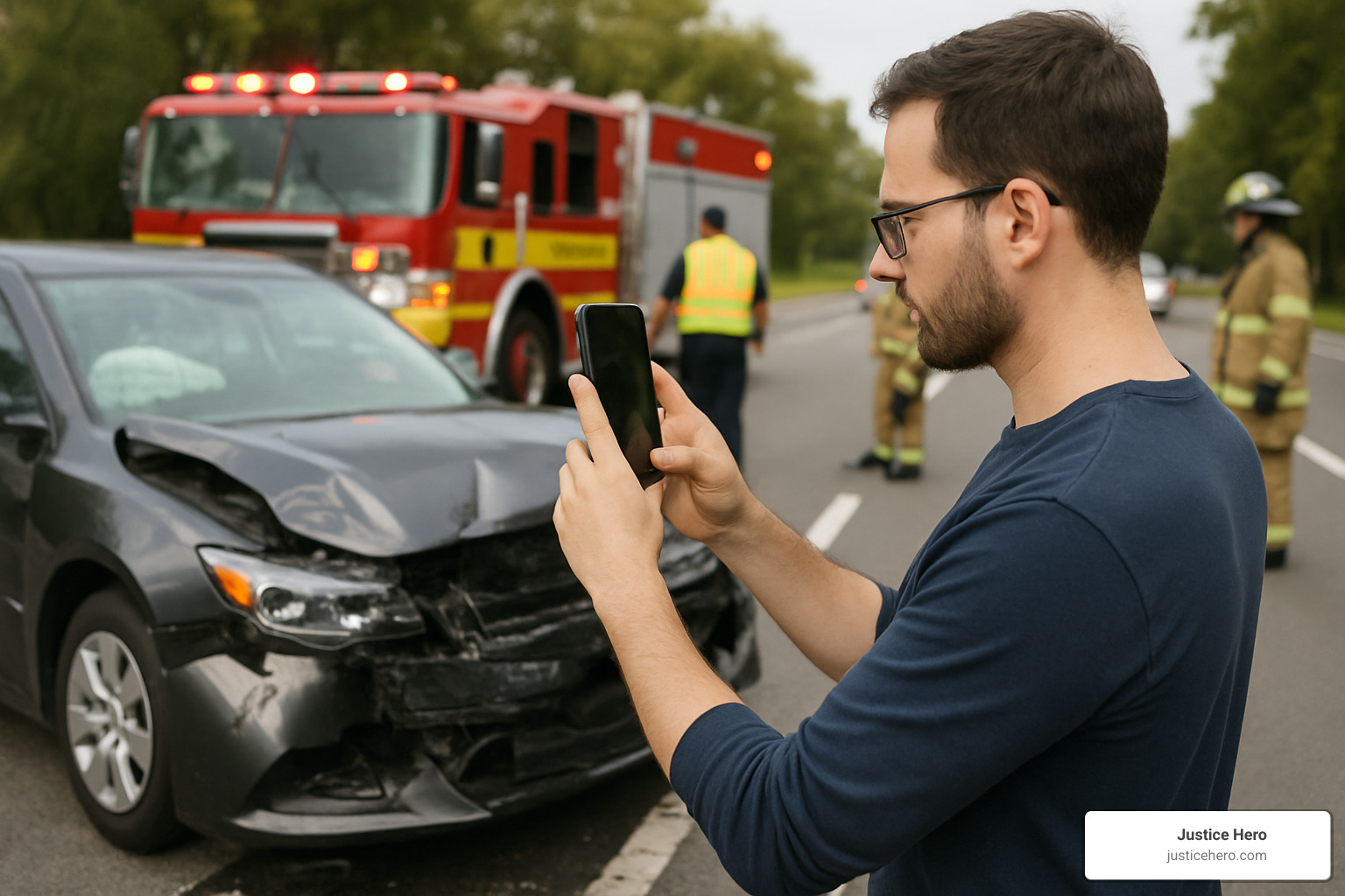 Person documenting an accident scene with smartphone camera - personal injury lawsuit process