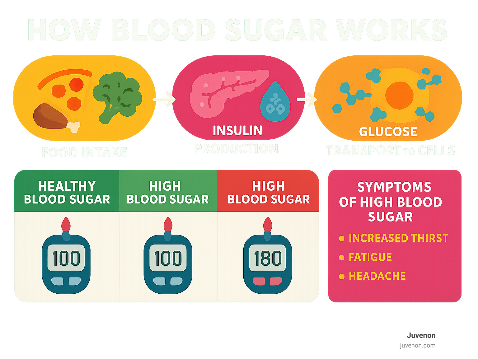 Infographic showing how blood sugar works, including food intake, insulin production, and glucose transport to cells, with healthy vs. unhealthy blood sugar levels and common symptoms of high blood sugar - how to decrease blood sugar infographic 